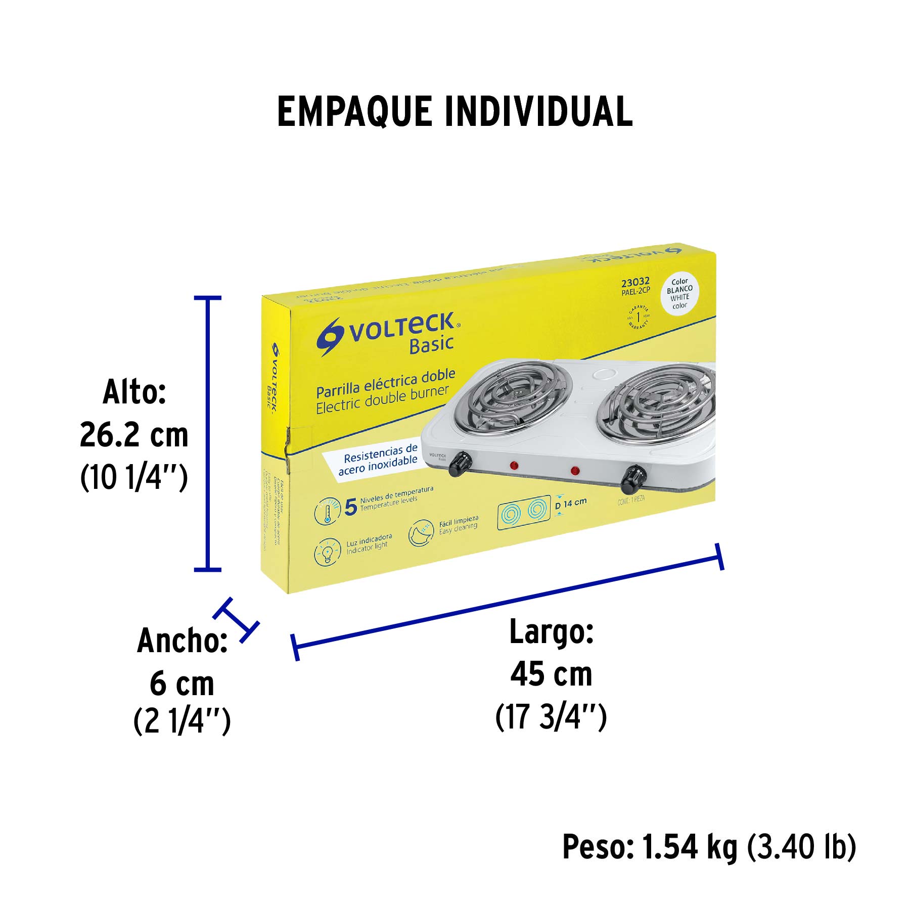Parrilla eléctrica 2 quemadores en espiral, blanca, BASIC - Empaque