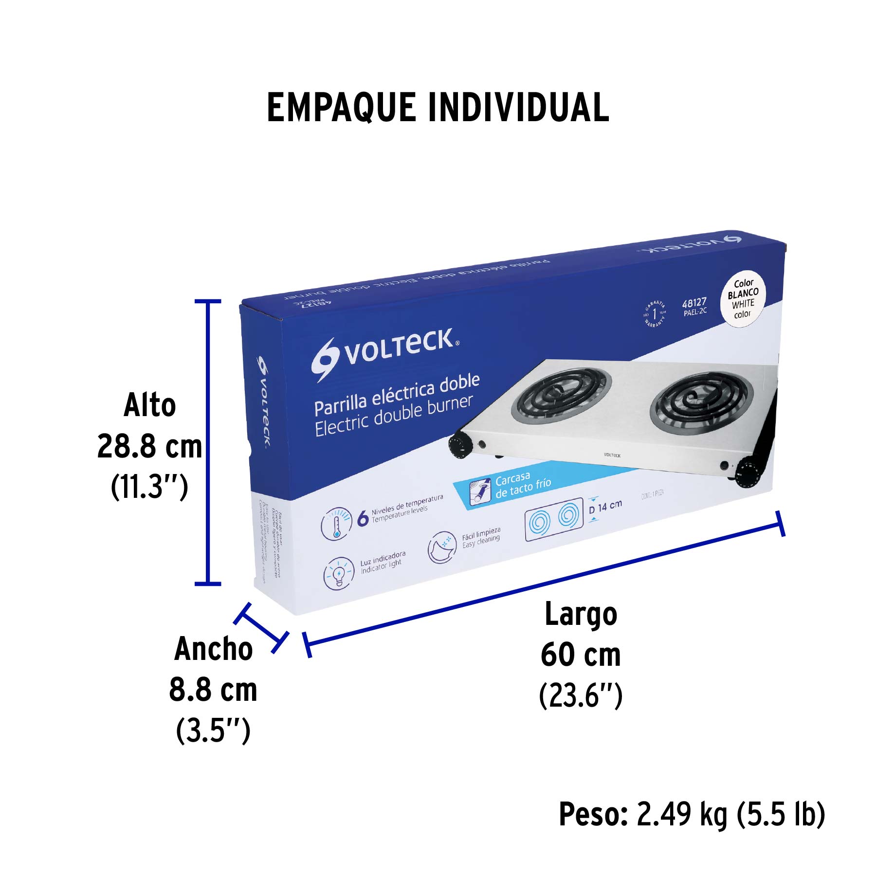 Parrilla eléctrica 2 quemadores en espiral, blanca, VOLTECK - Empaque