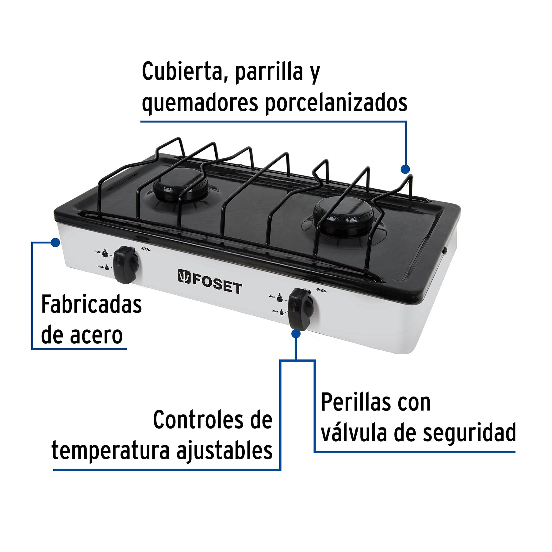 Parrilla de gas de sobreponer 2 quemadores, blanca, FOSET