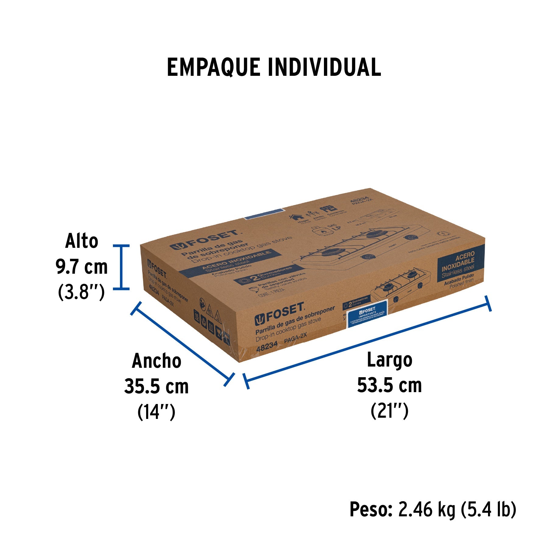 Parrilla de gas de sobreponer 2 quemadores, inox, FOSET - Empaque