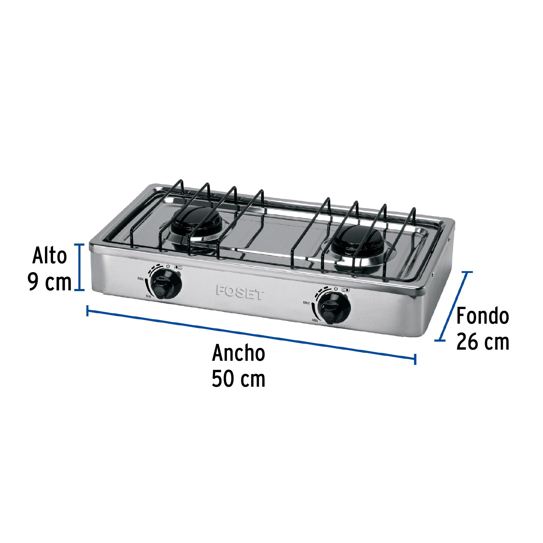 Parrilla de gas de sobreponer 2 quemadores, inox, FOSET