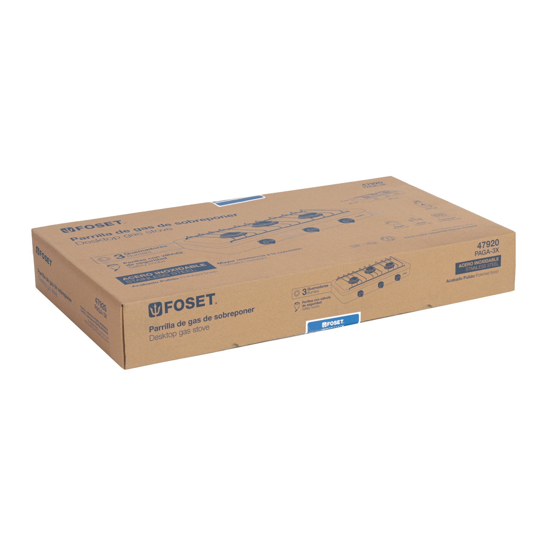 Parrilla de gas de sobreponer 3 quemadores, inox, FOSET