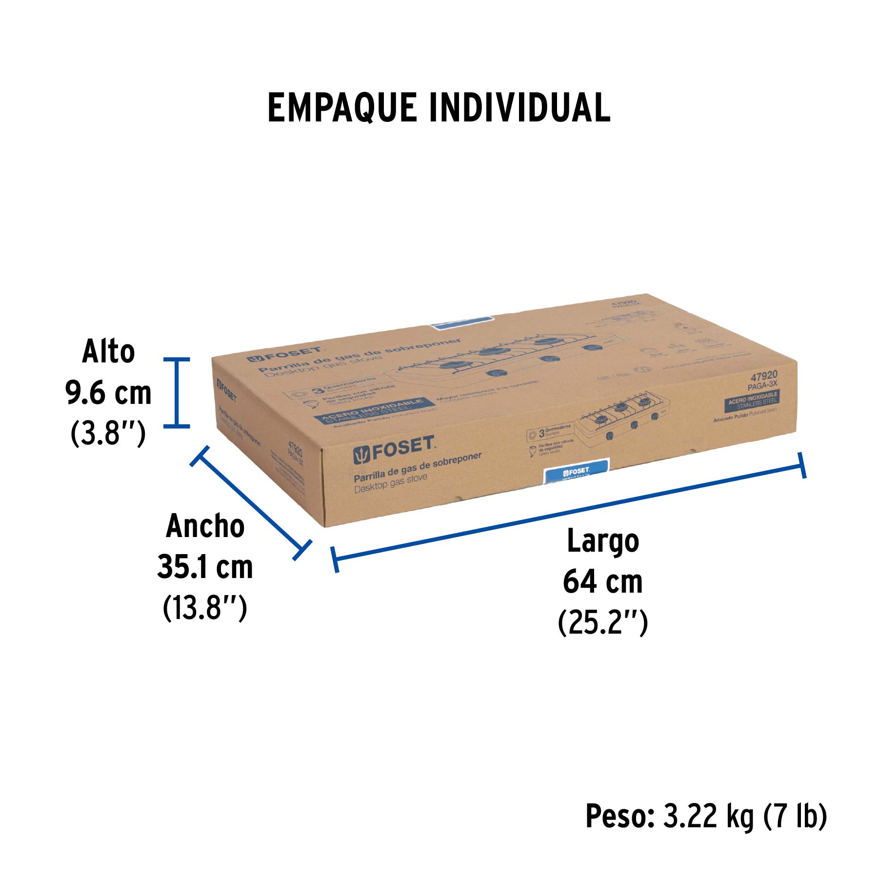 Parrilla de gas de sobreponer 3 quemadores, inox, FOSET - Empaque