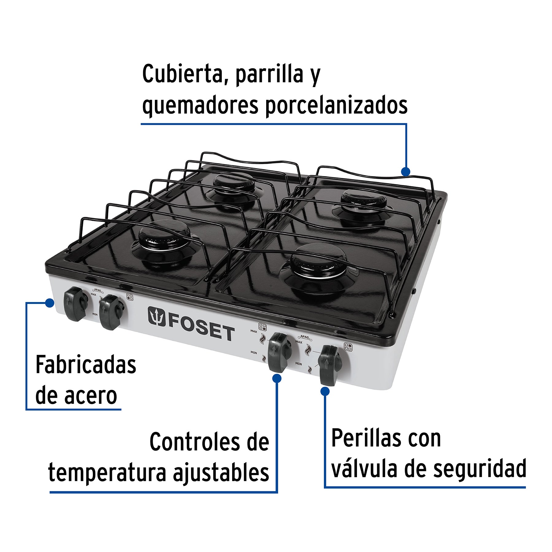Parrilla de gas de sobreponer 4 quemadores, blanca, FOSET