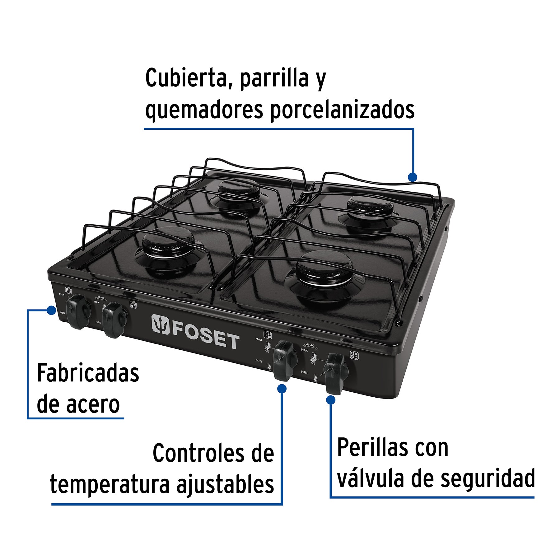 Parrilla de gas de sobreponer 4 quemadores, negra, FOSET