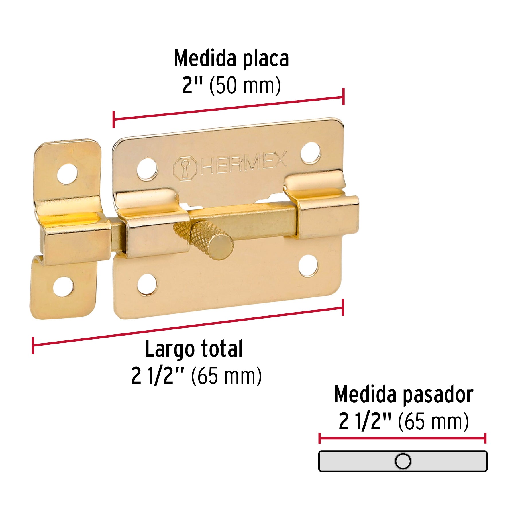 Pasador de barra plana 2" acabado latón, HERMEX