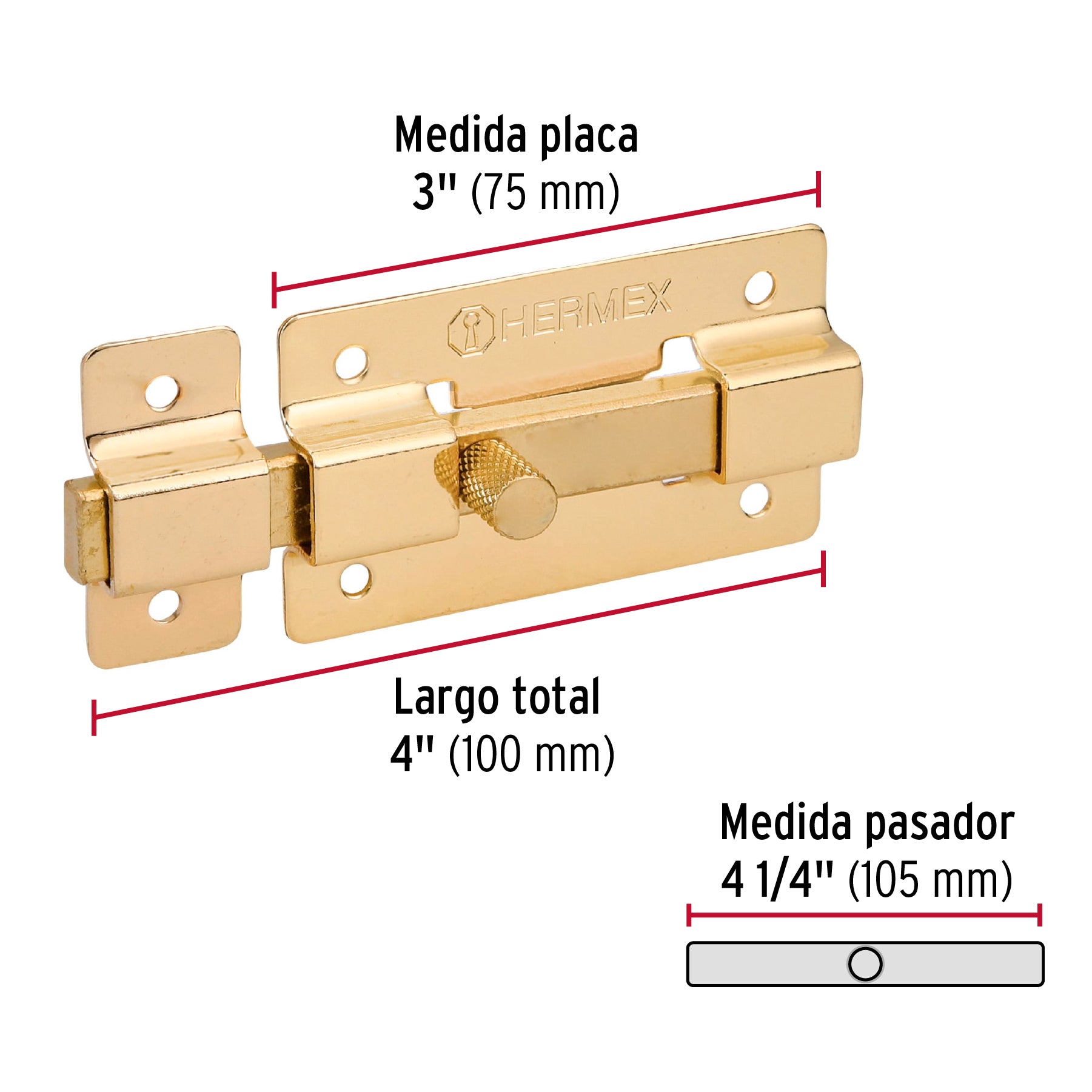 Pasador de barra plana 3" acabado latón, HERMEX