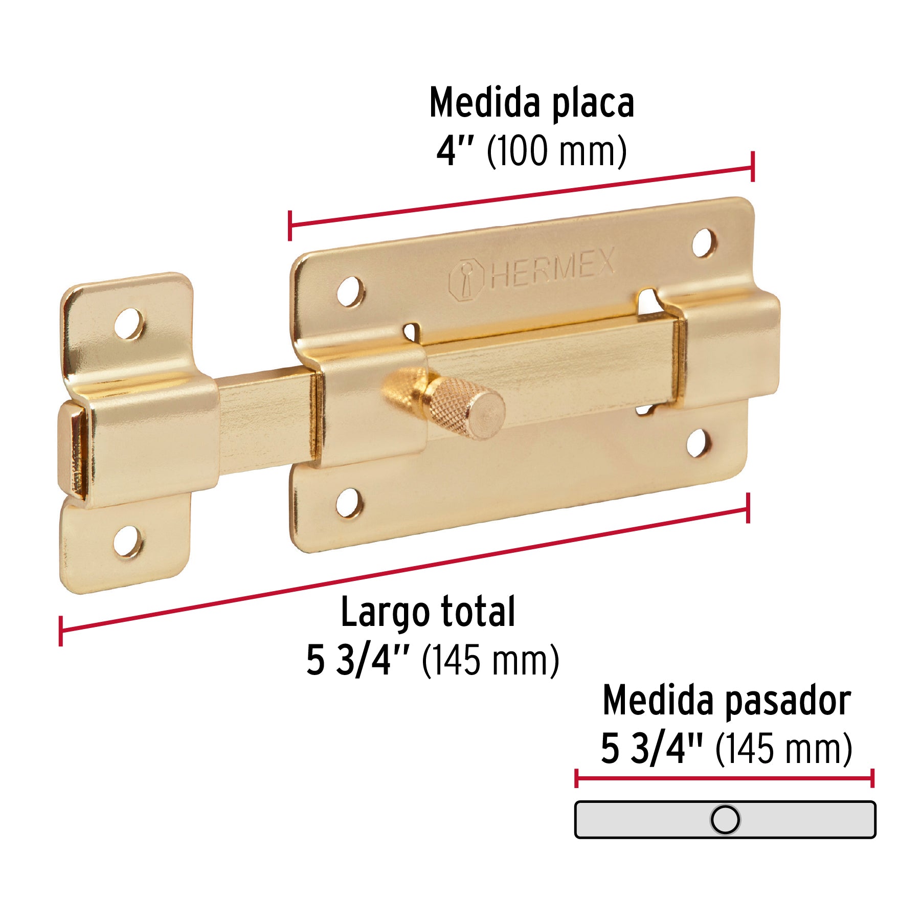 Pasador de barra plana 4" acabado latón, HERMEX
