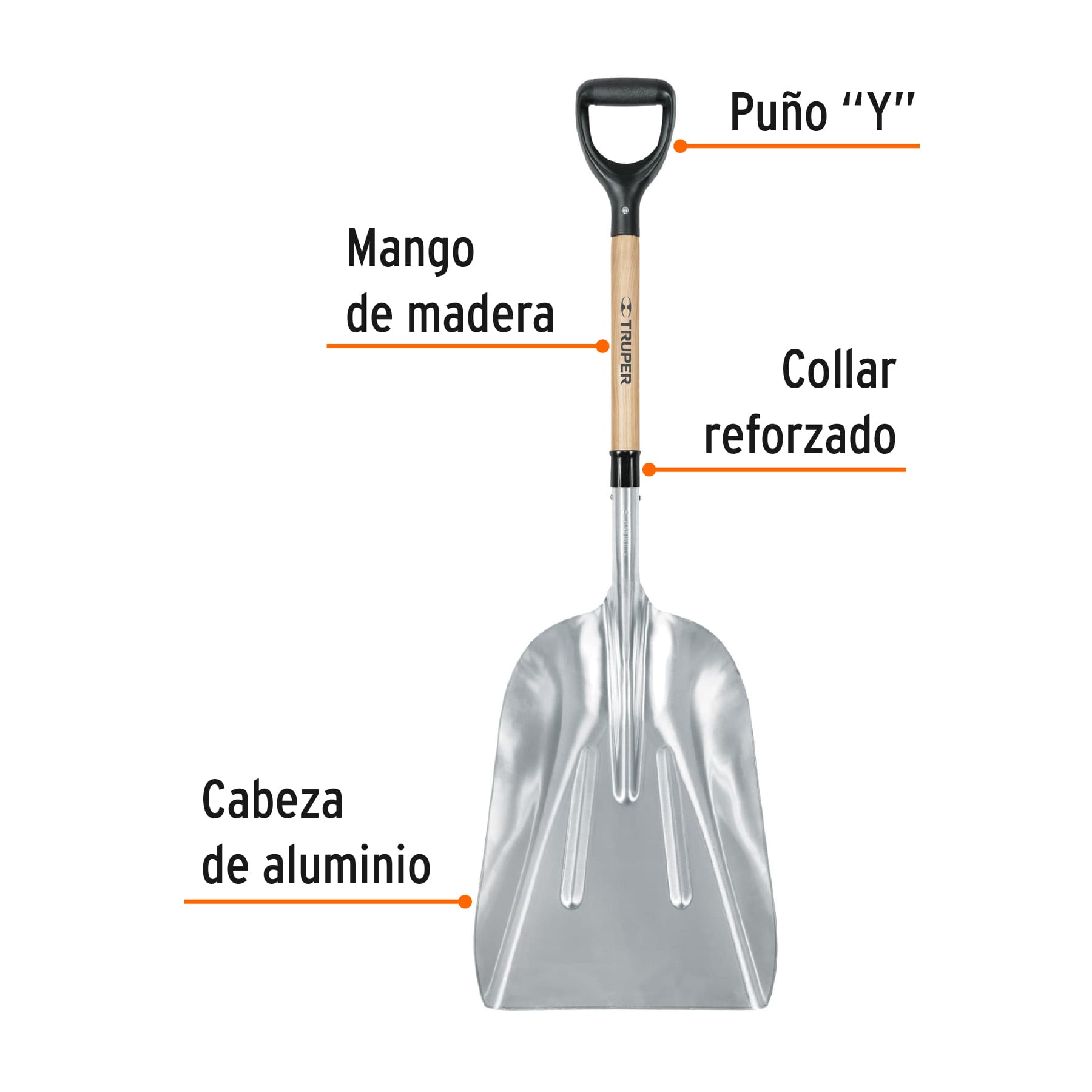 Pala sanitaria cabeza 15-1/2 aluminio, puño "Y", mango 27"