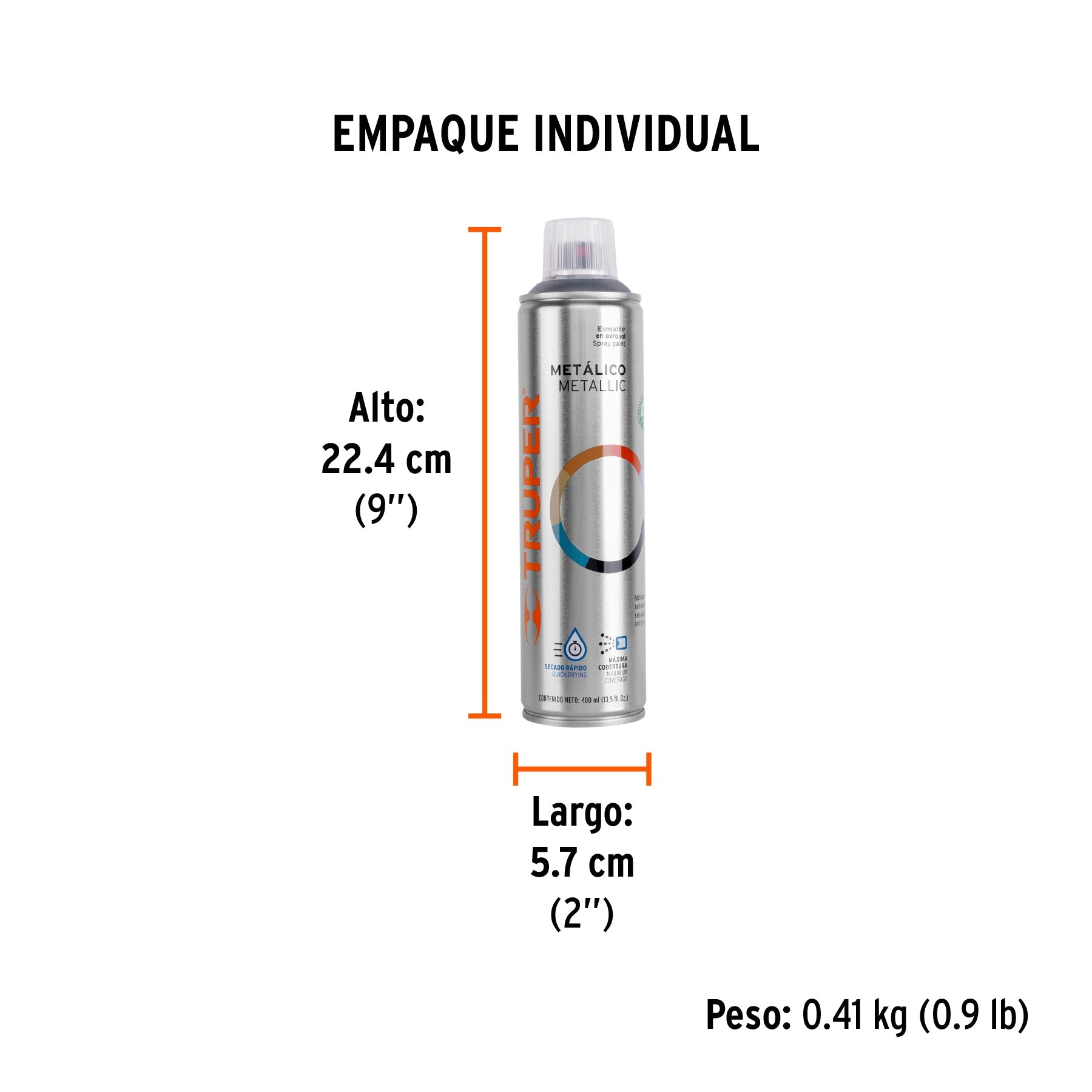 Pintura en aerosol, cromo metálico, bote esbelto, 400 ml - Empaque
