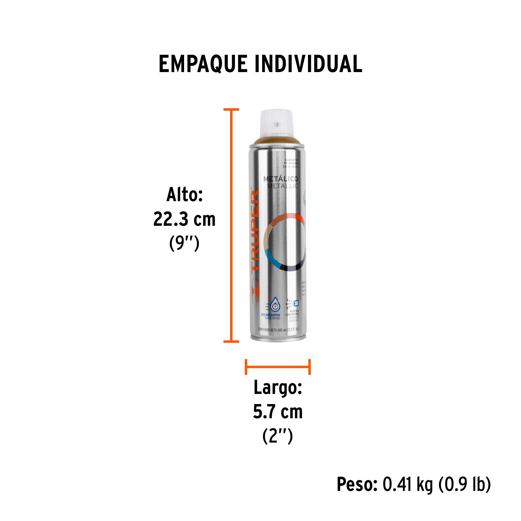 Pintura en aerosol, oro metálico, bote esbelto, 400 ml - Empaque