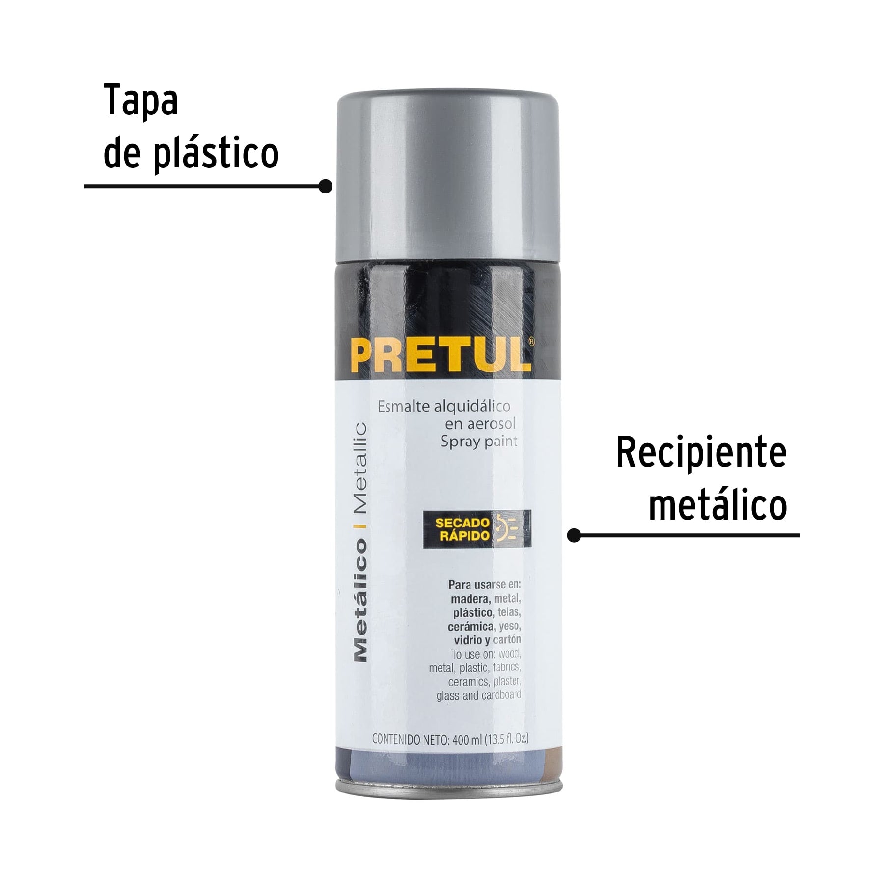 Pintura en aerosol metálica, plata ,400 ml, PRETUL