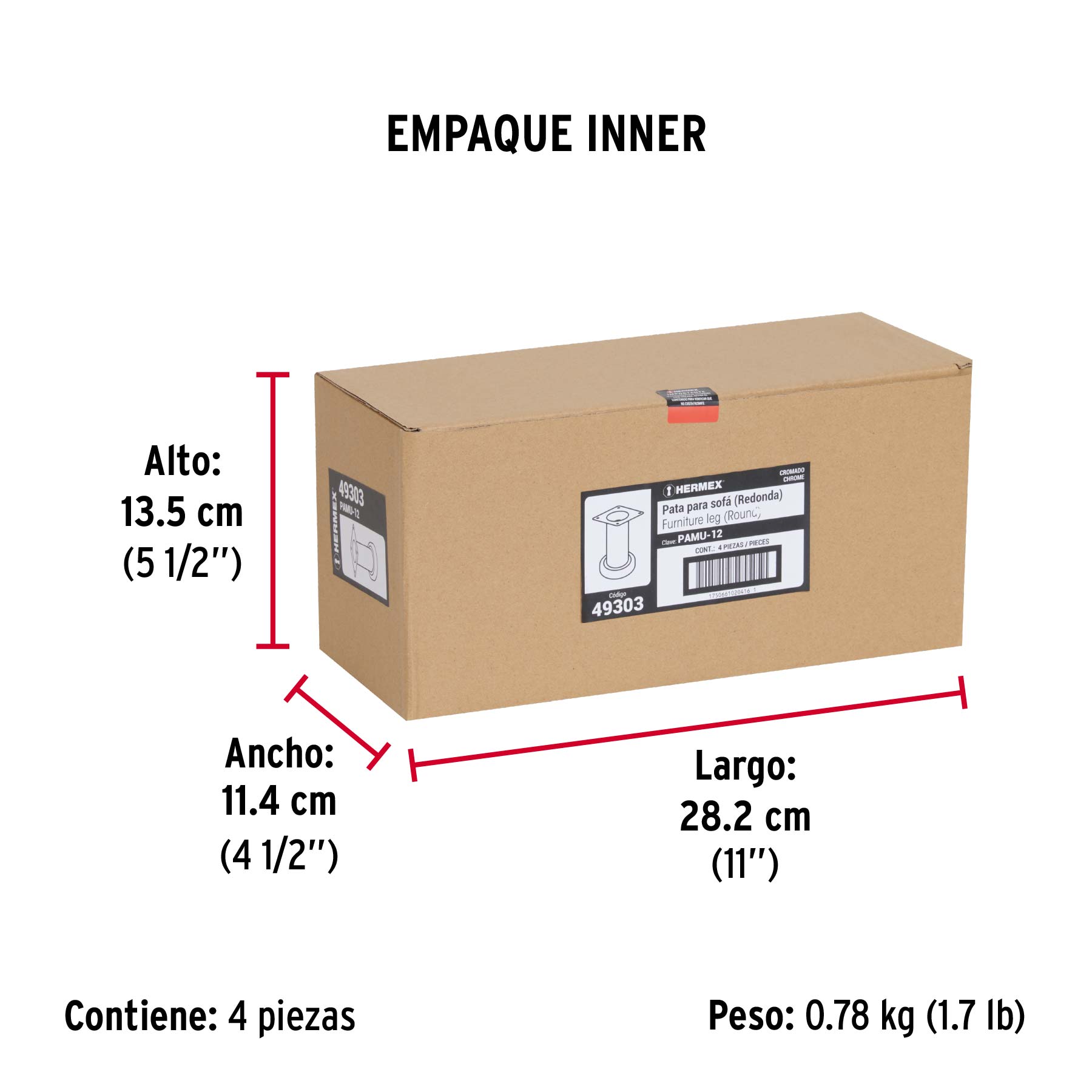 Pata para sofá y mueble, cromo, 120 mm altura, HERMEX - Empaque