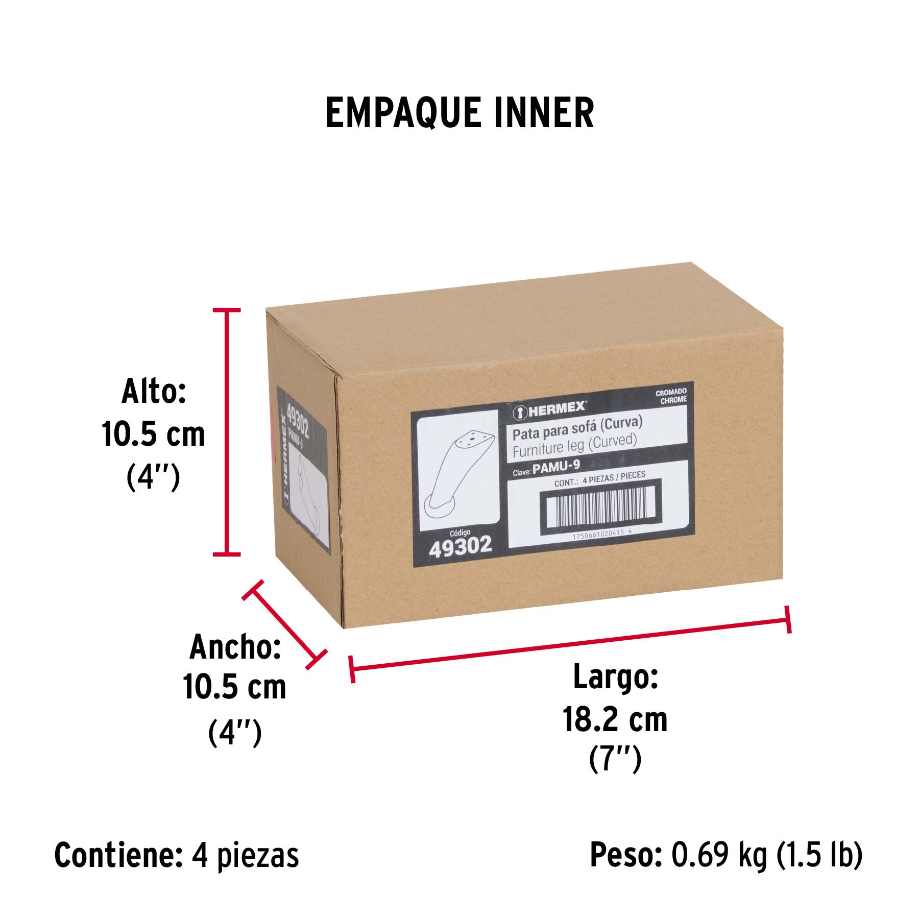 Pata para sofá y mueble, cromo, 90 mm altura, HERMEX - Empaque