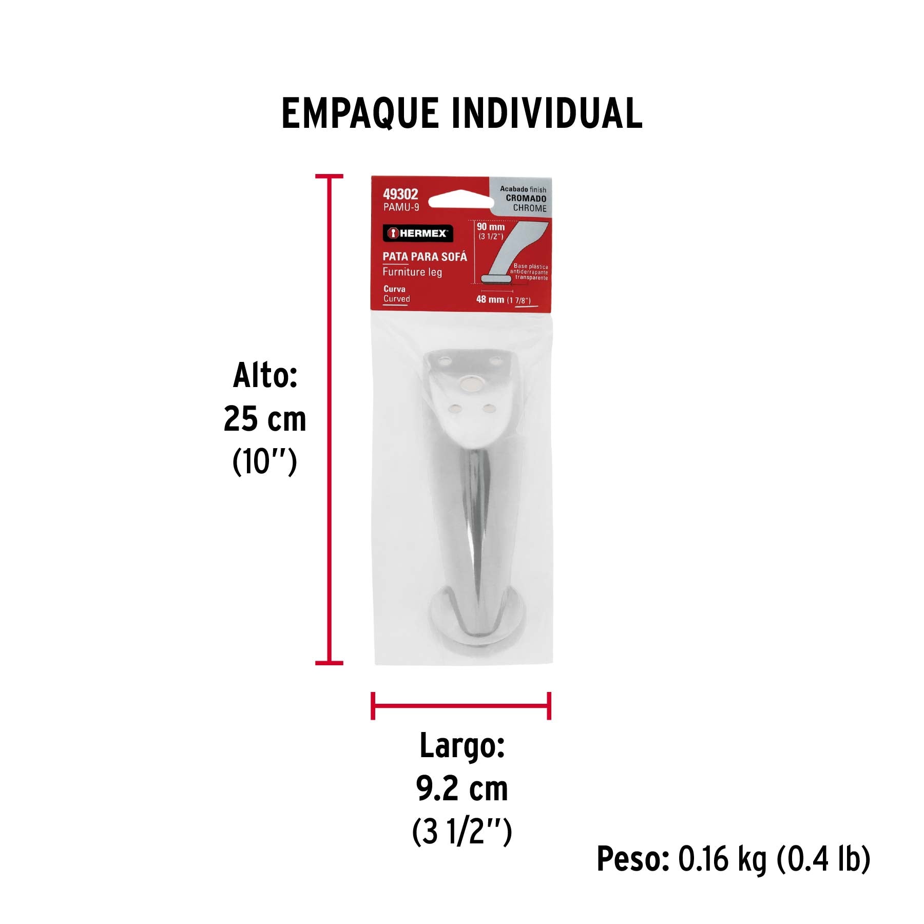 Pata para sofá y mueble, cromo, 90 mm altura, HERMEX - Empaque