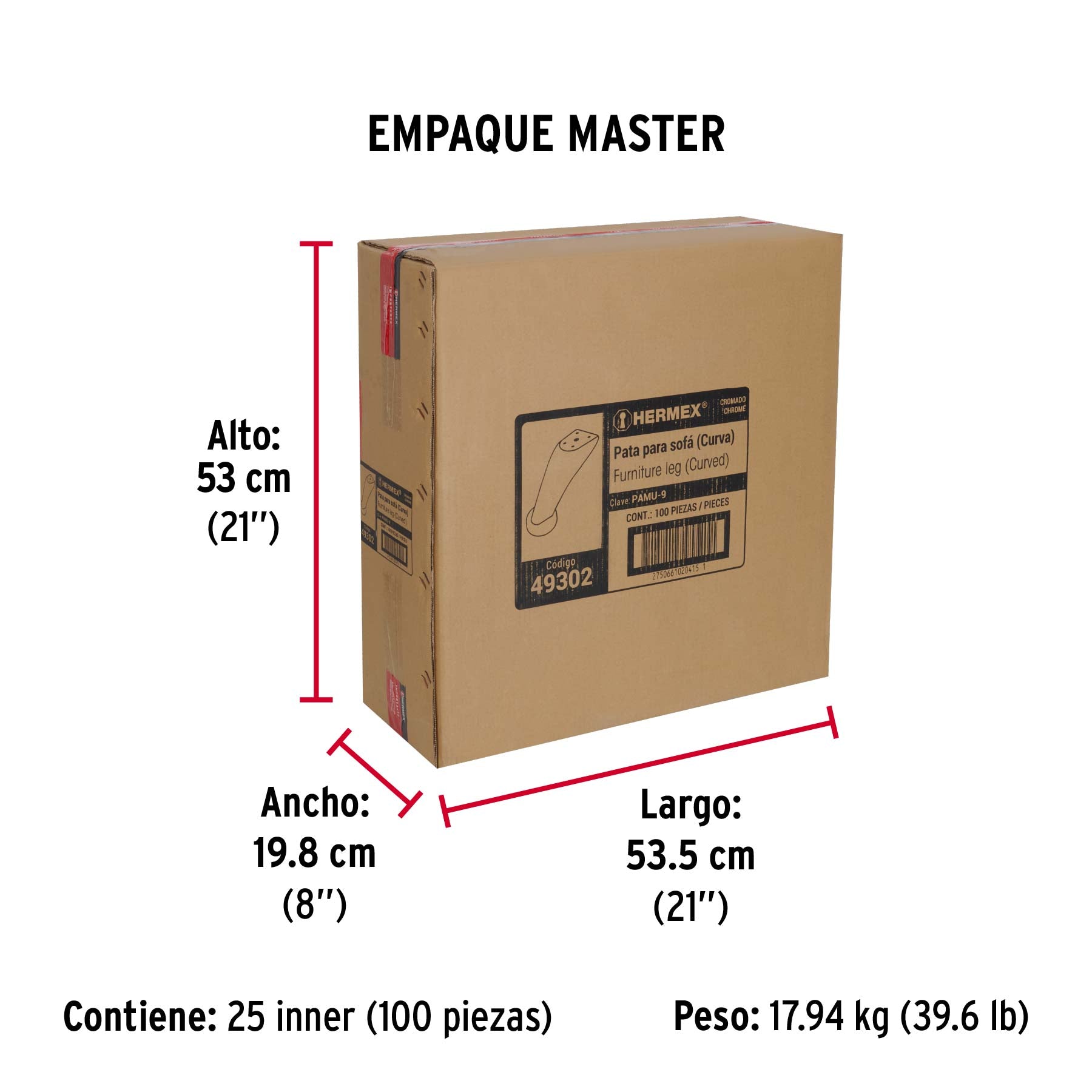 Pata para sofá y mueble, cromo, 90 mm altura, HERMEX - Empaque