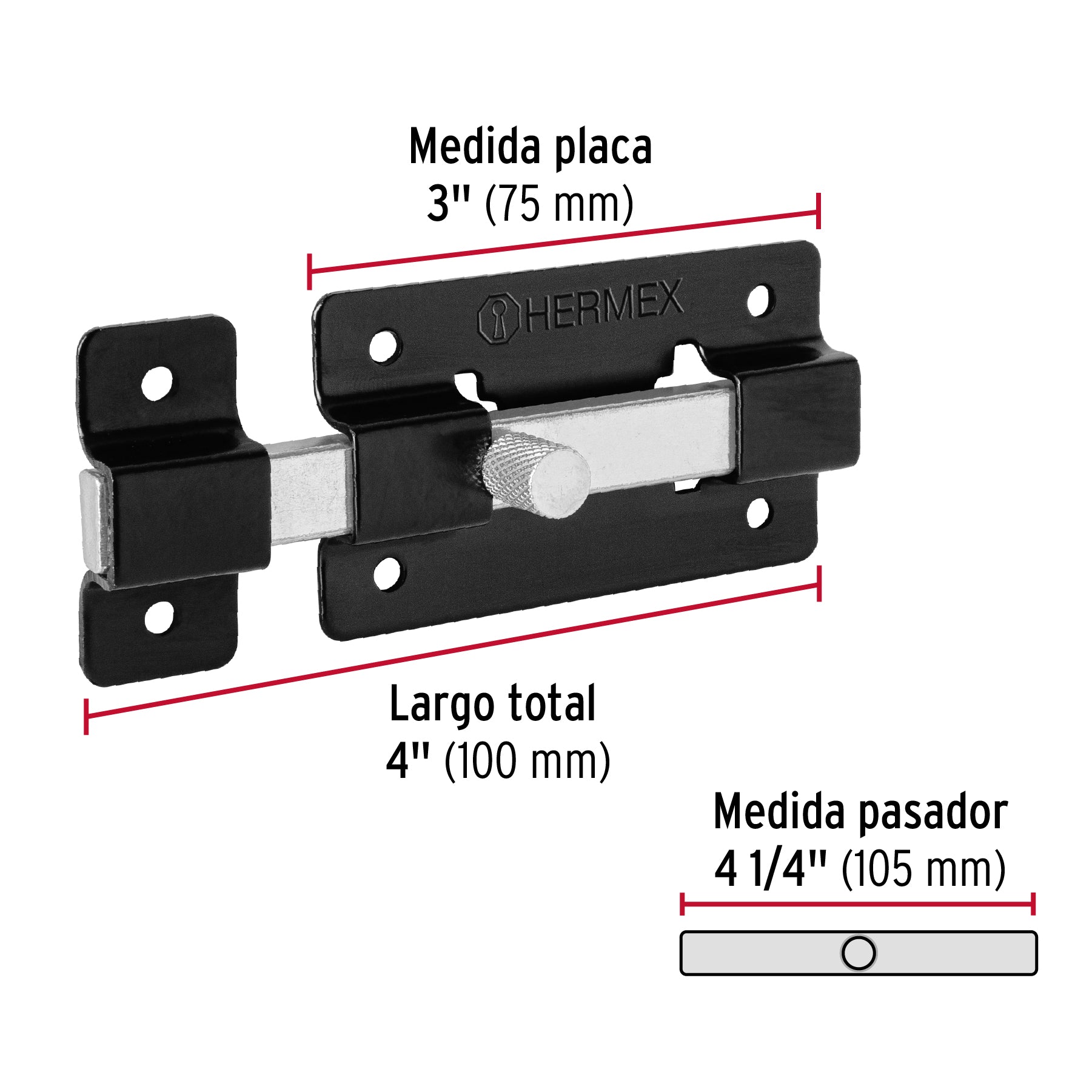 Pasador de barra plana 3", negro, HERMEX
