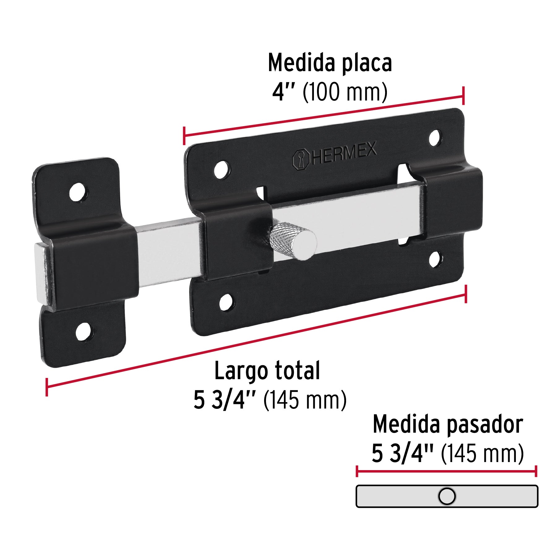 Pasador de barra plana 4", negro, HERMEX