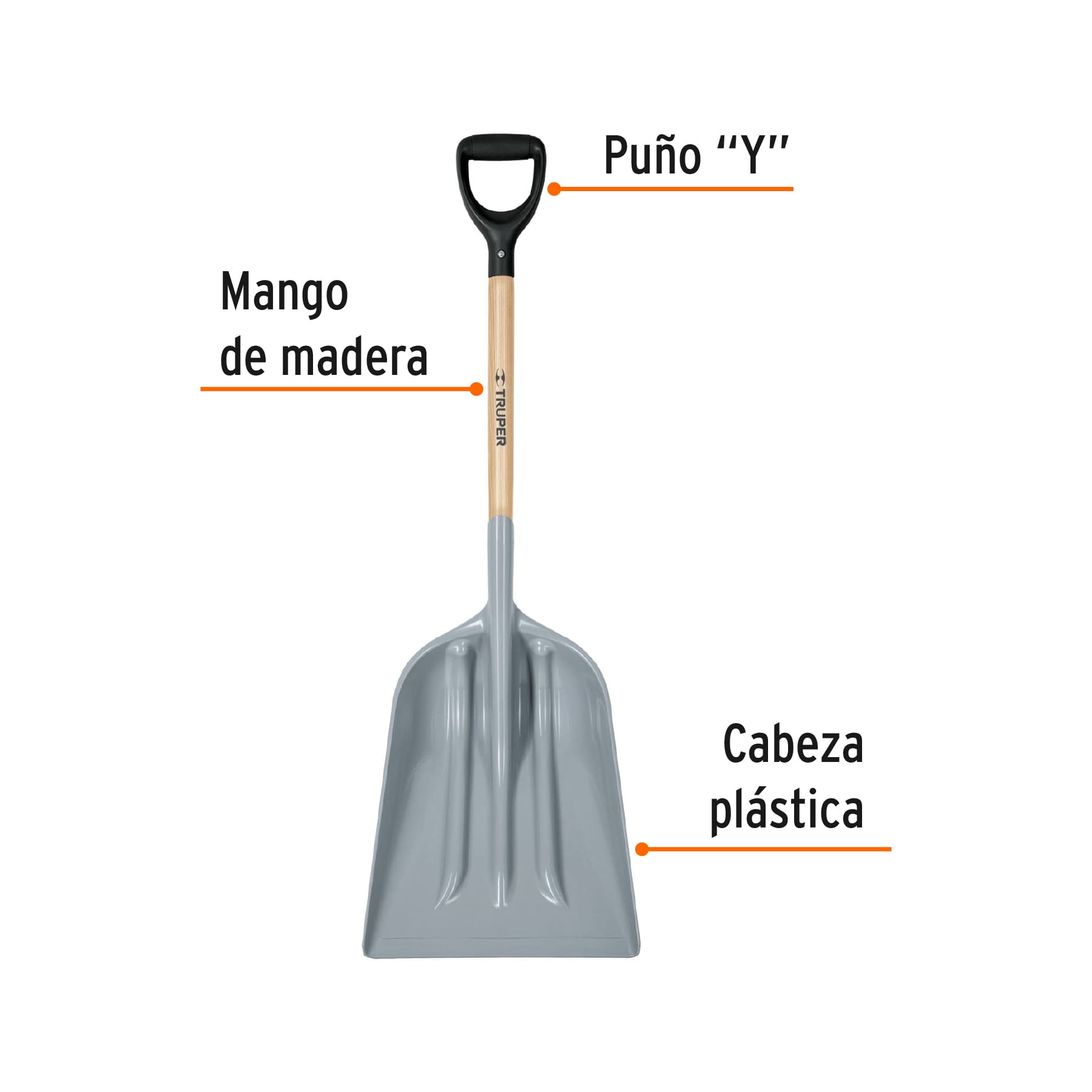 Pala sanitaria cabeza plástica, puño "Y", mango 27", TRUPER