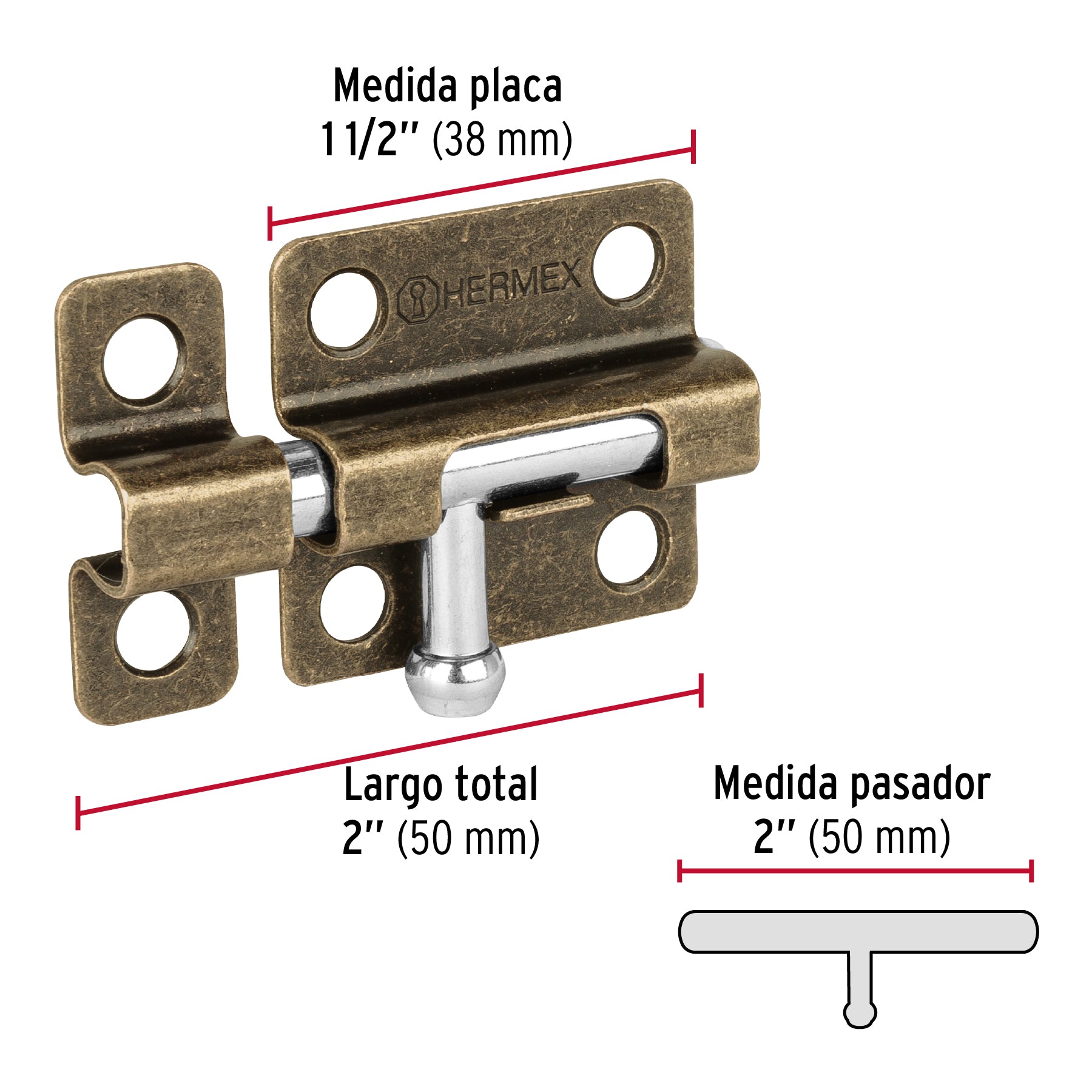 Pasador de barril de acero latón antiguo 2", HERMEX