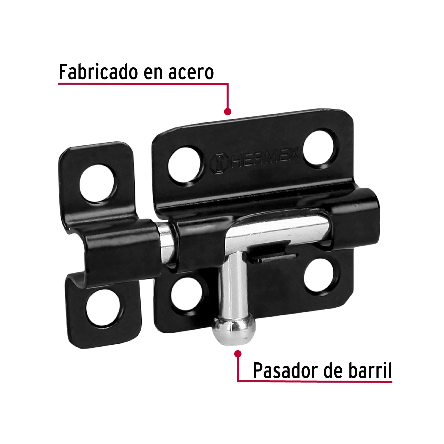 Pasador de barril 2" de acero acabado negro, HERMEX