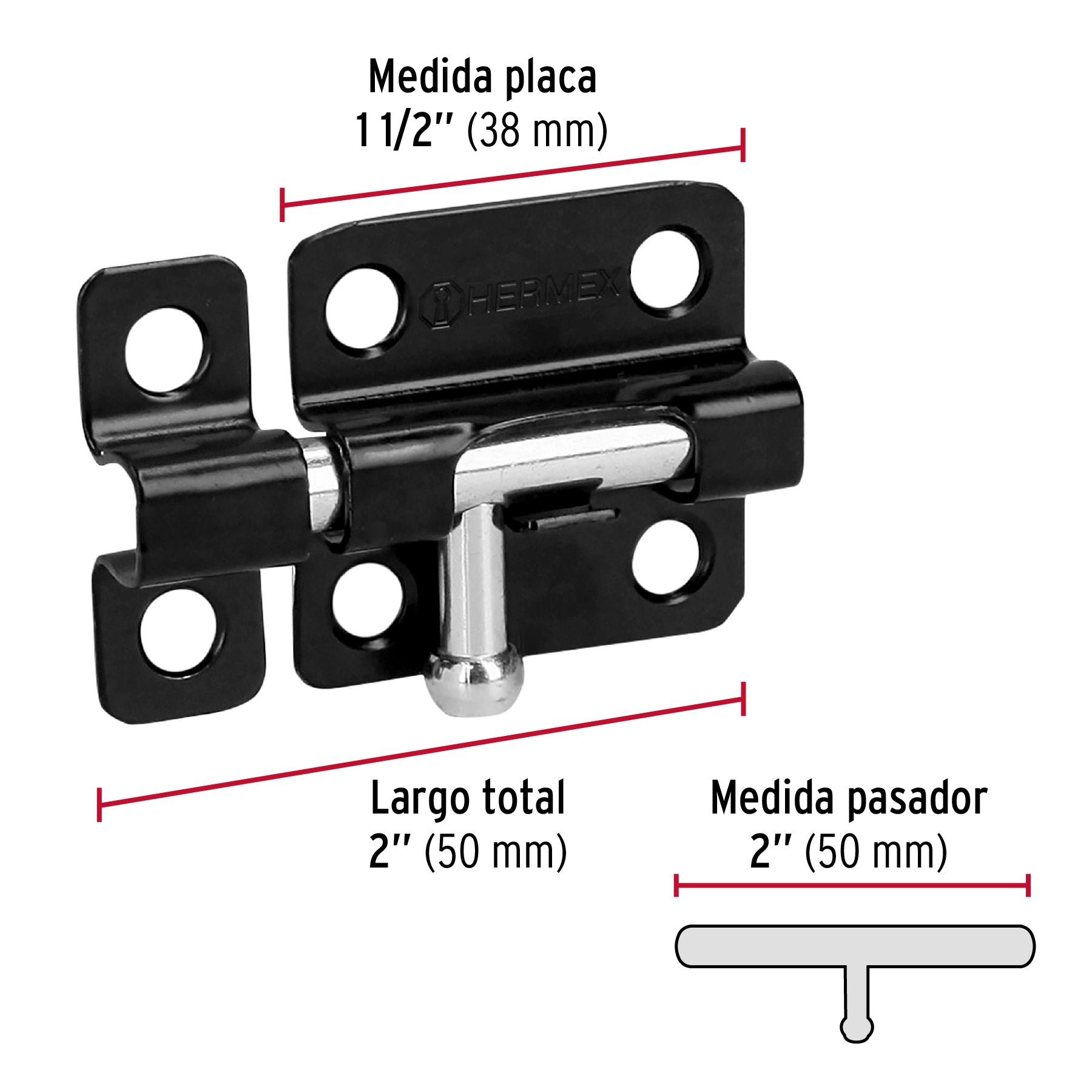 Pasador de barril 2" de acero acabado negro, HERMEX