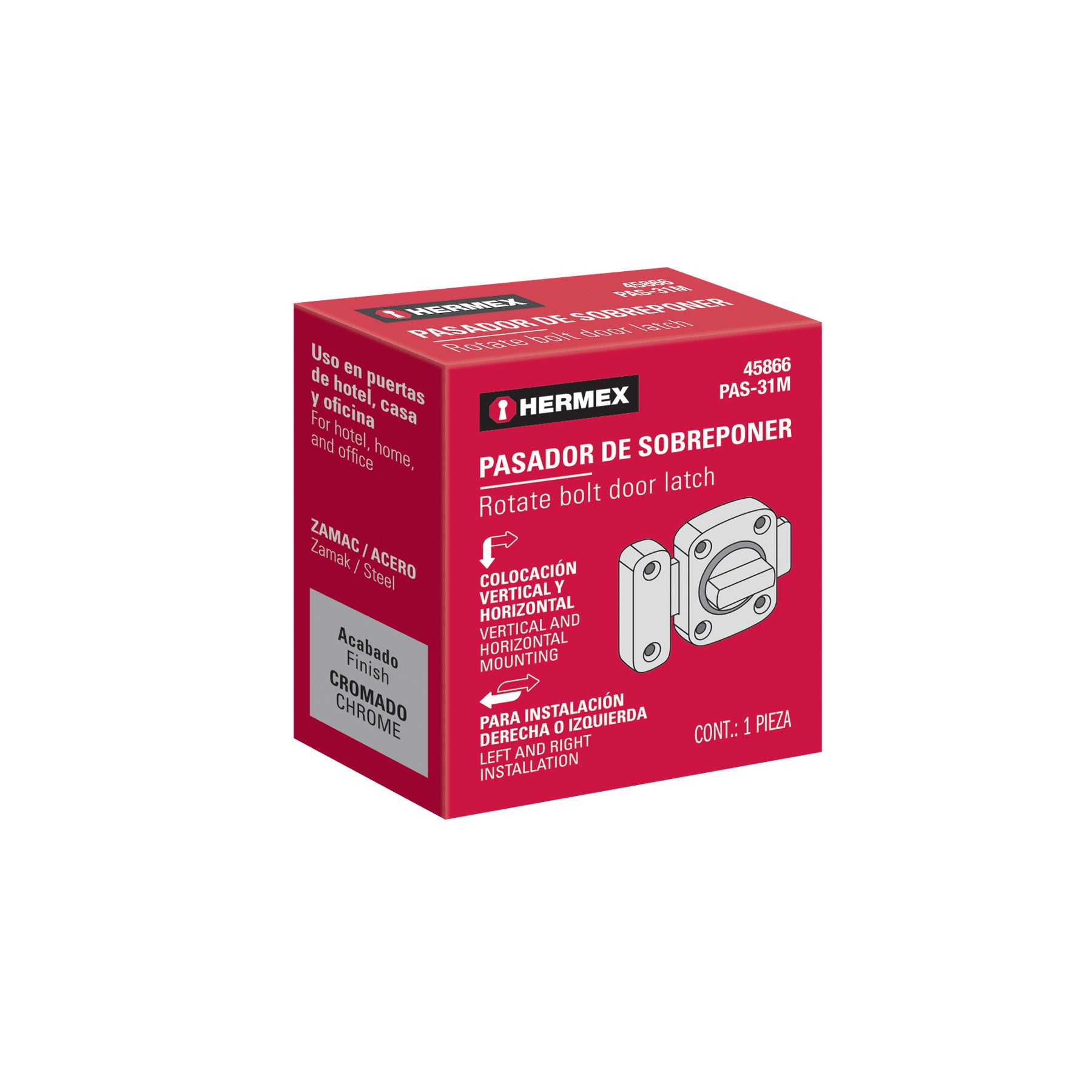 Pasador de sobreponer, modelo 31, cromo, HERMEX