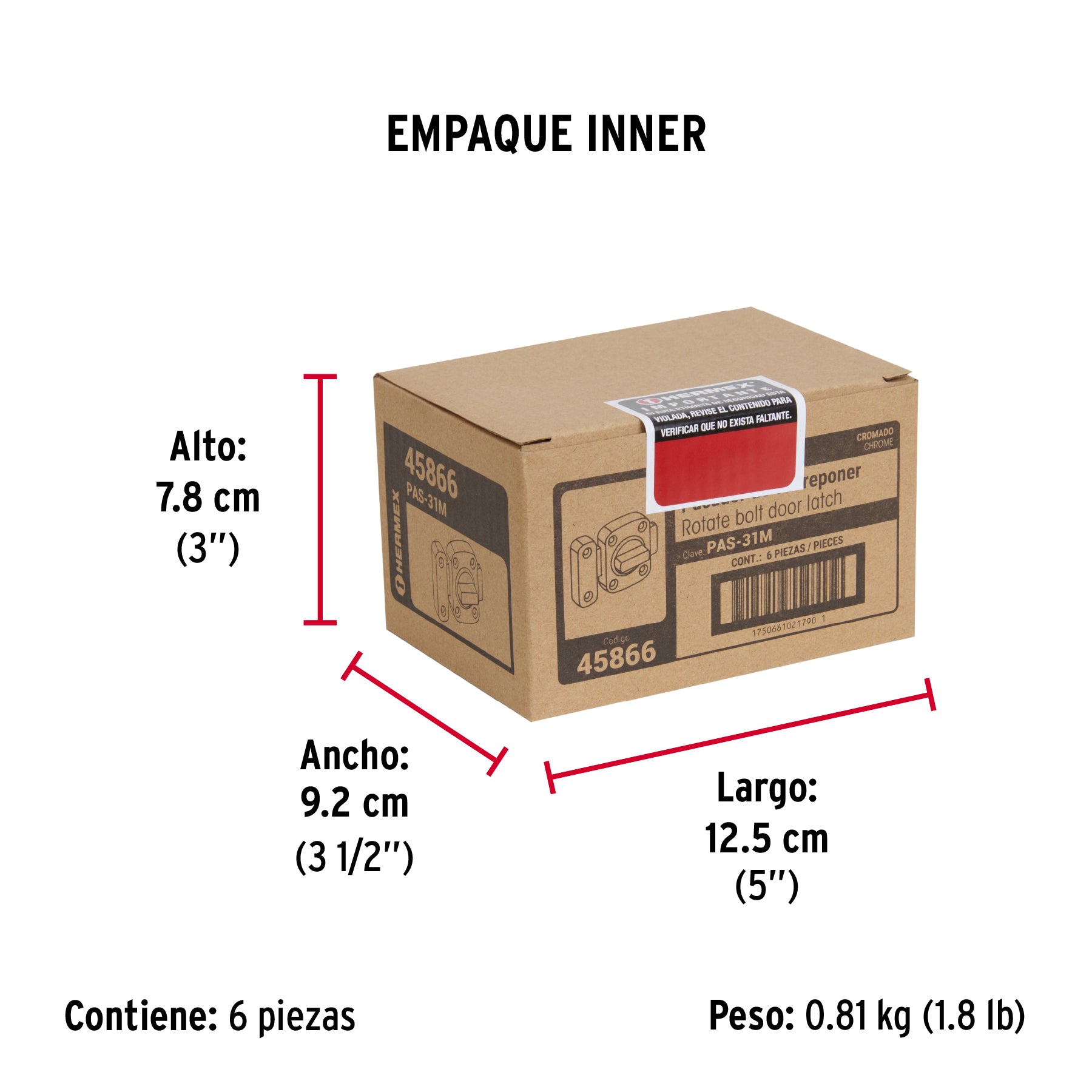 Pasador de sobreponer, modelo 31, cromo, HERMEX - Empaque