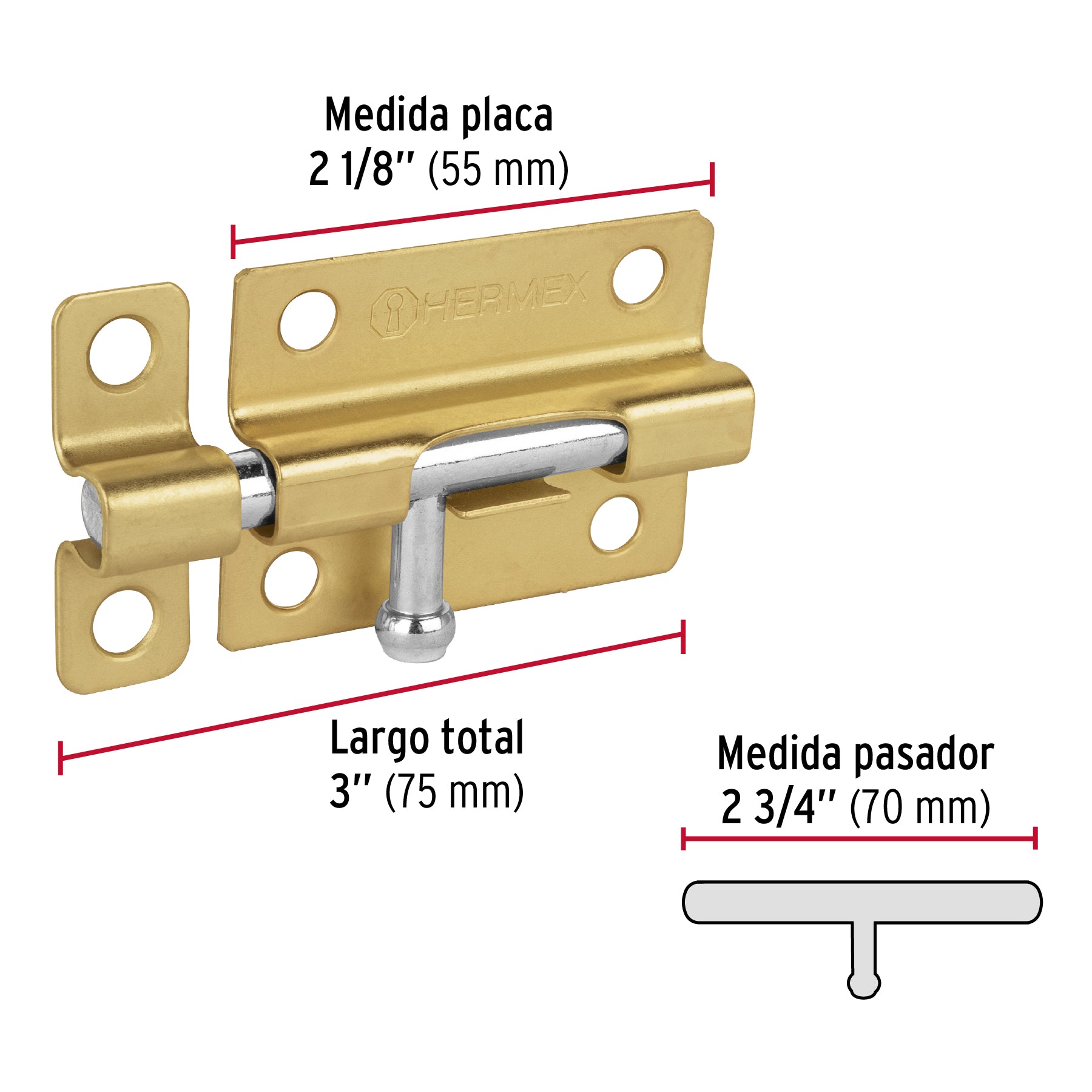 Pasador de barril de acero latón 3", HERMEX
