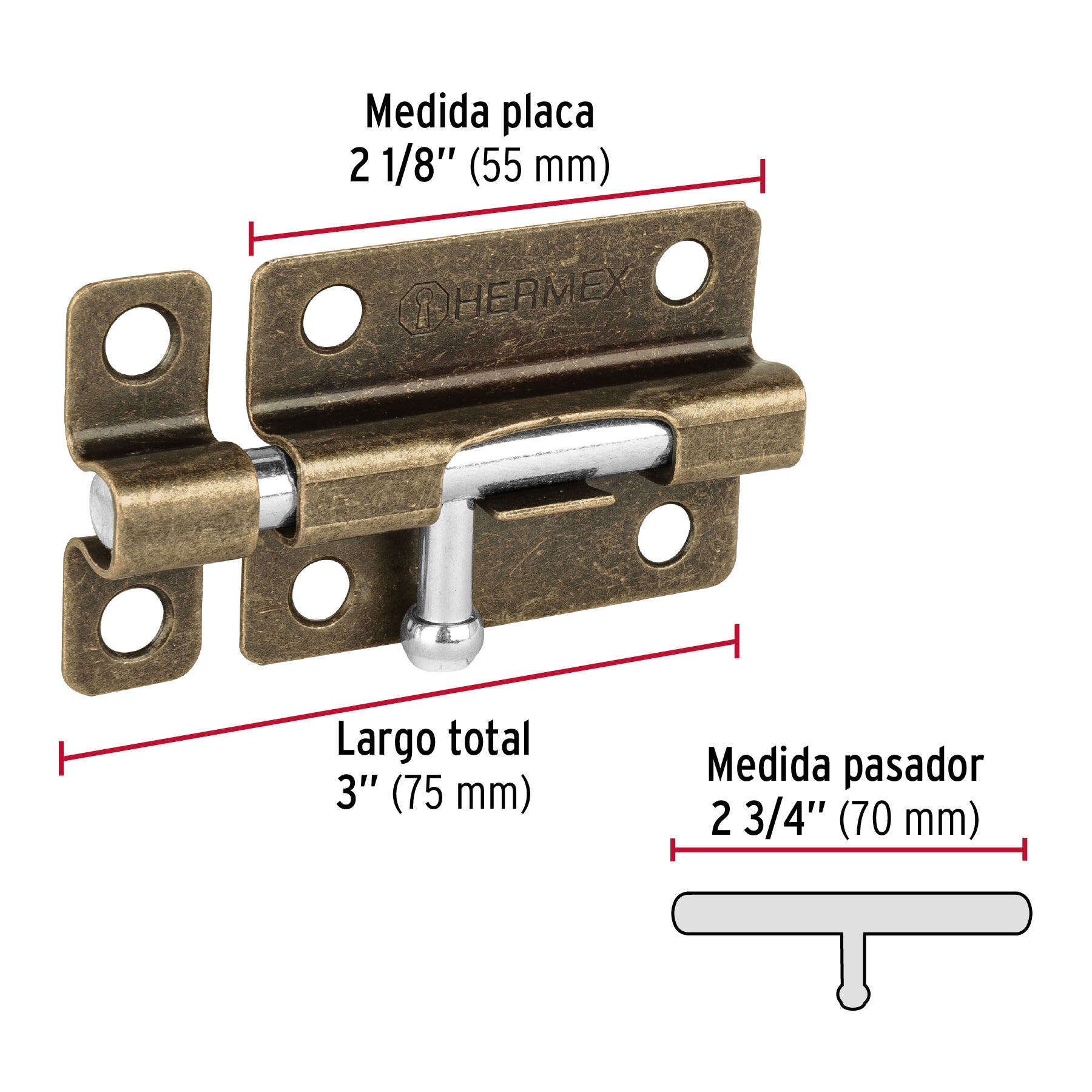 Pasador de barril de acero latón antiguo 3", HERMEX