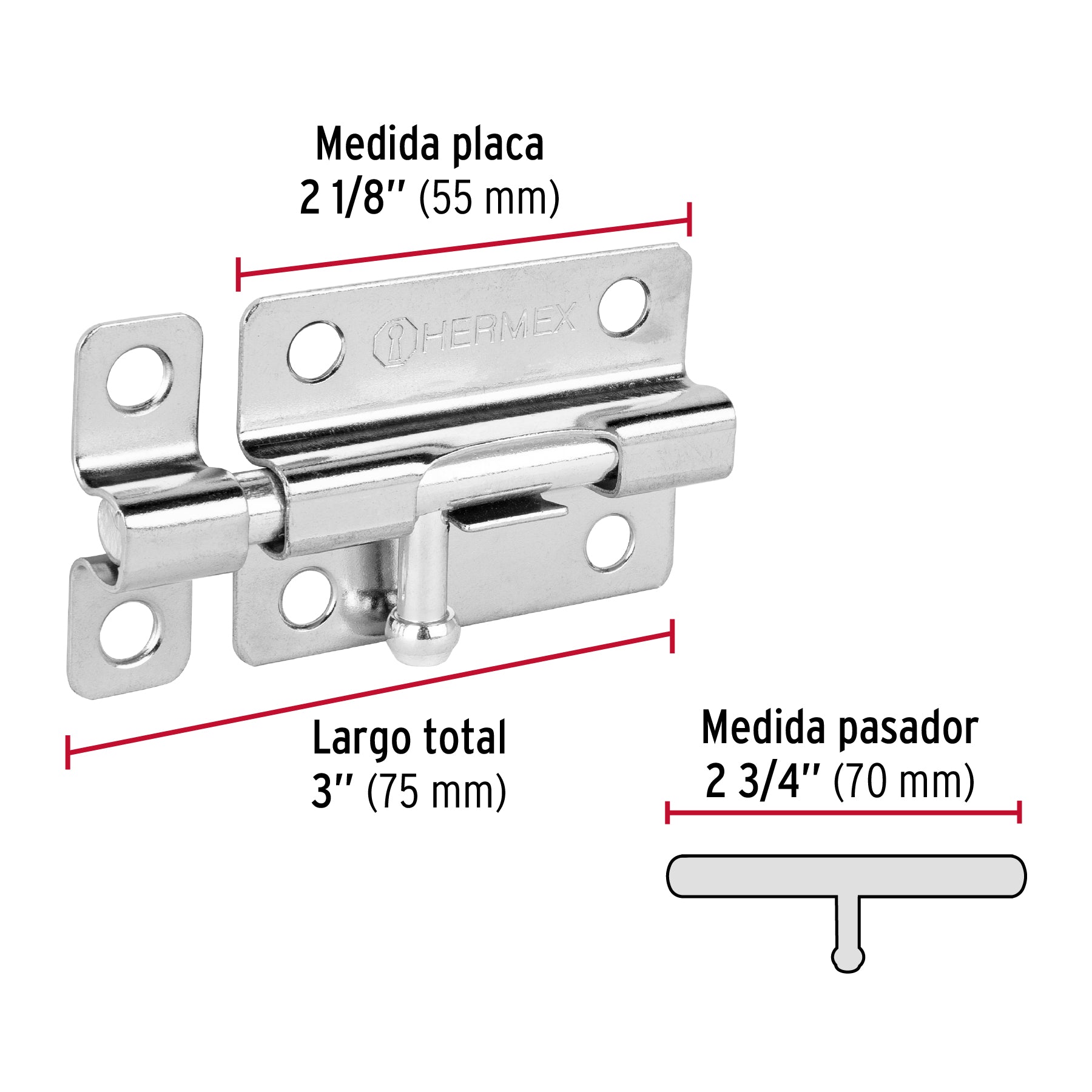 Pasador de barril de acero cromo 3", HERMEX