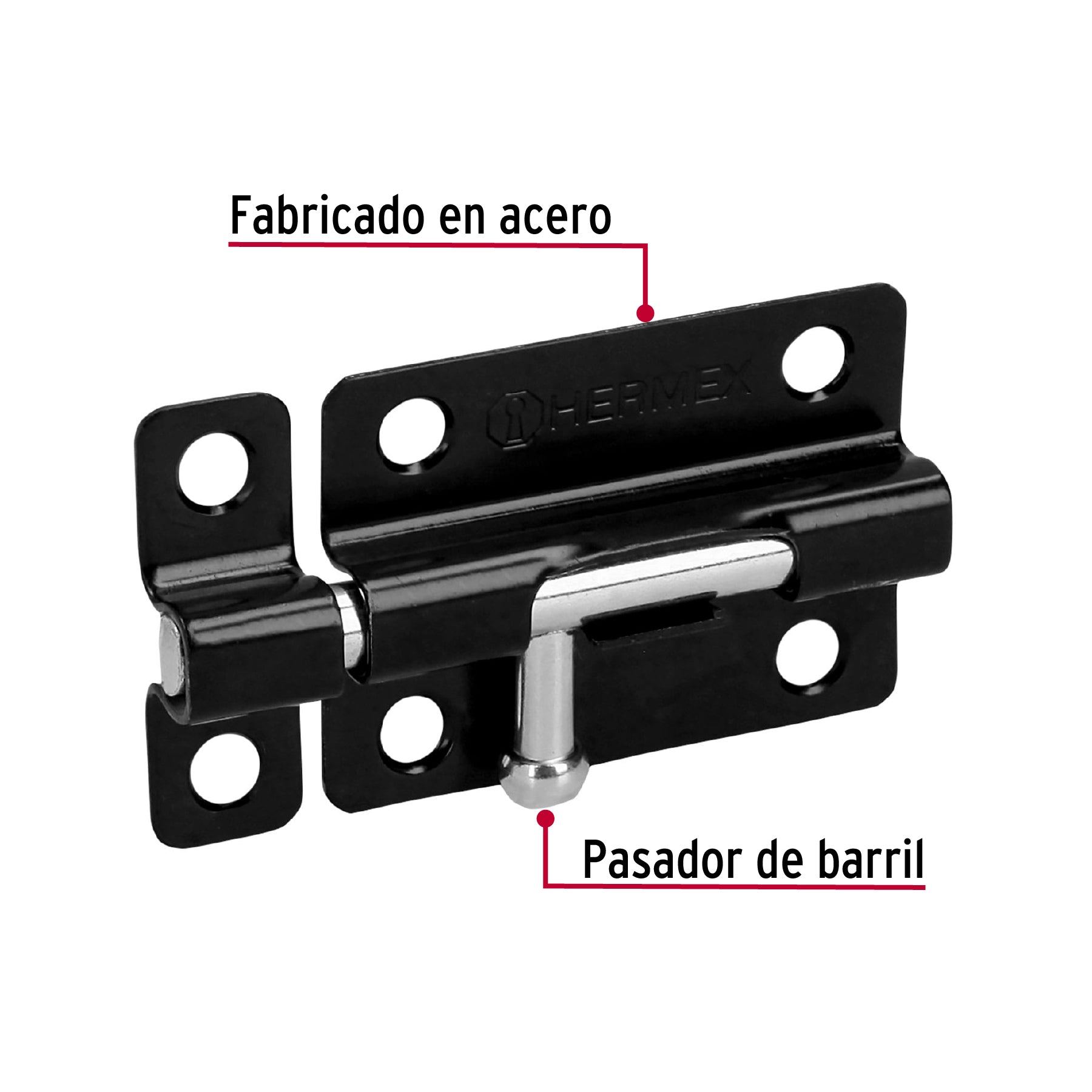 Pasador de barril 3" de acero acabado negro, HERMEX