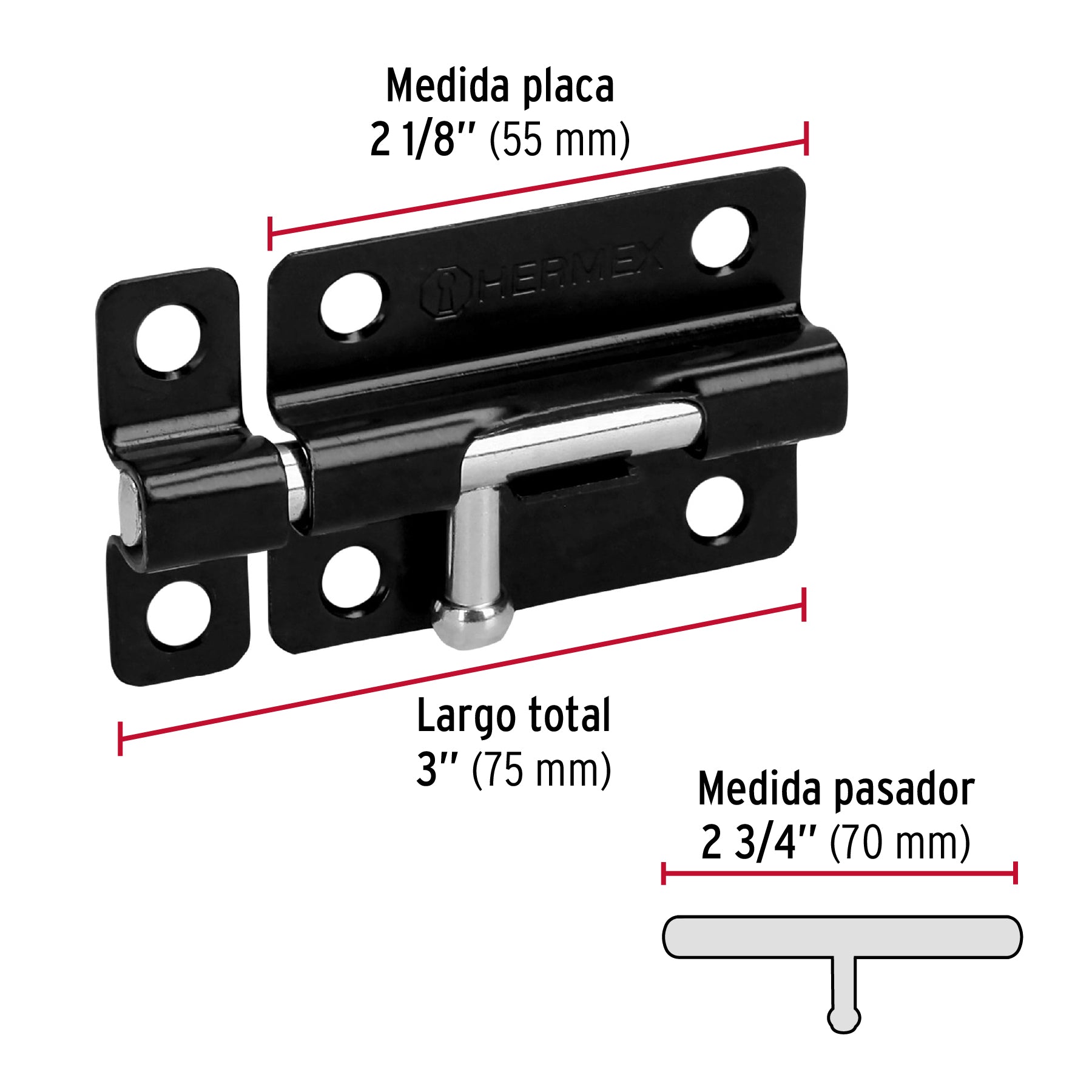 Pasador de barril 3" de acero acabado negro, HERMEX