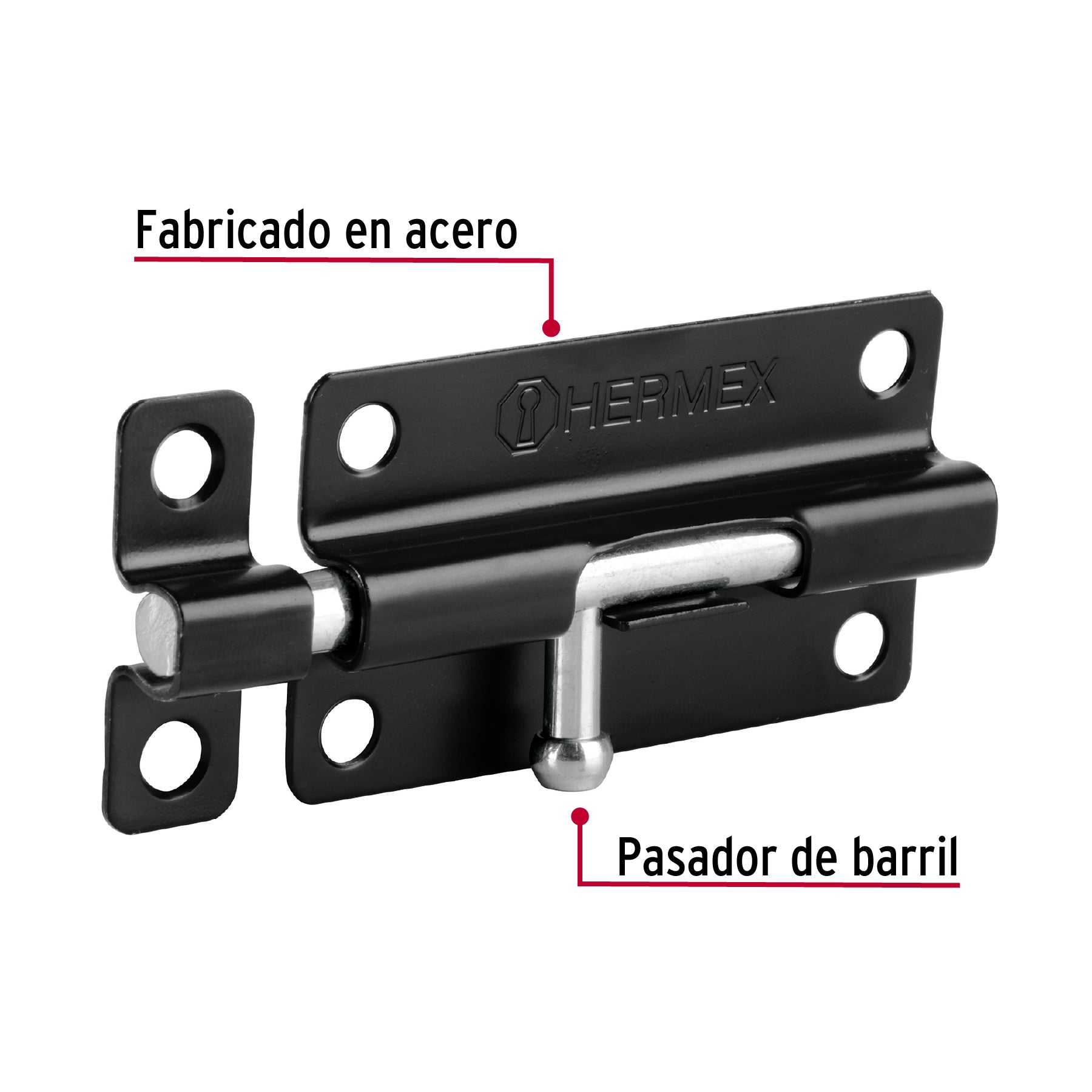 Pasador de barril 4" de acero acabado negro, HERMEX