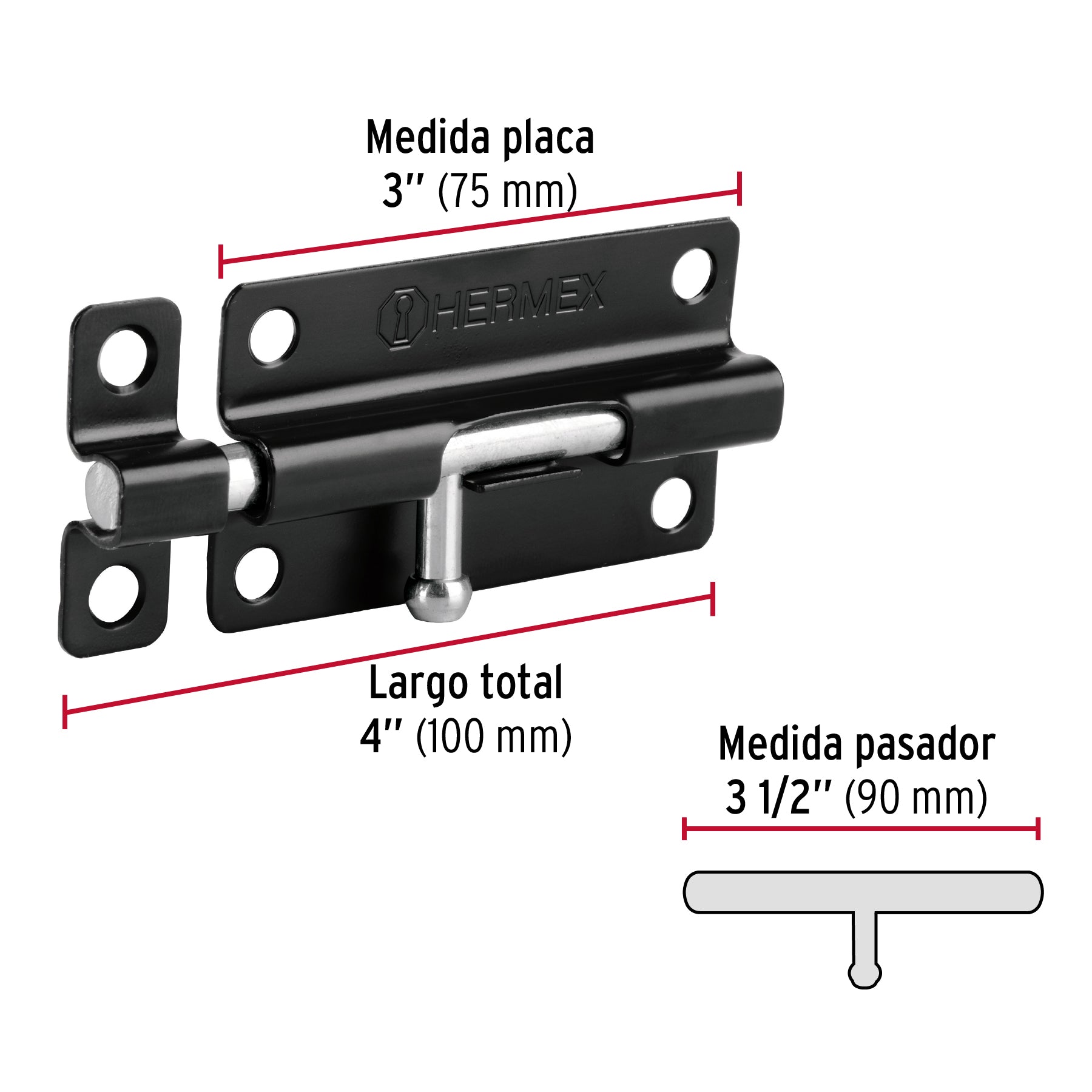 Pasador de barril 4" de acero acabado negro, HERMEX