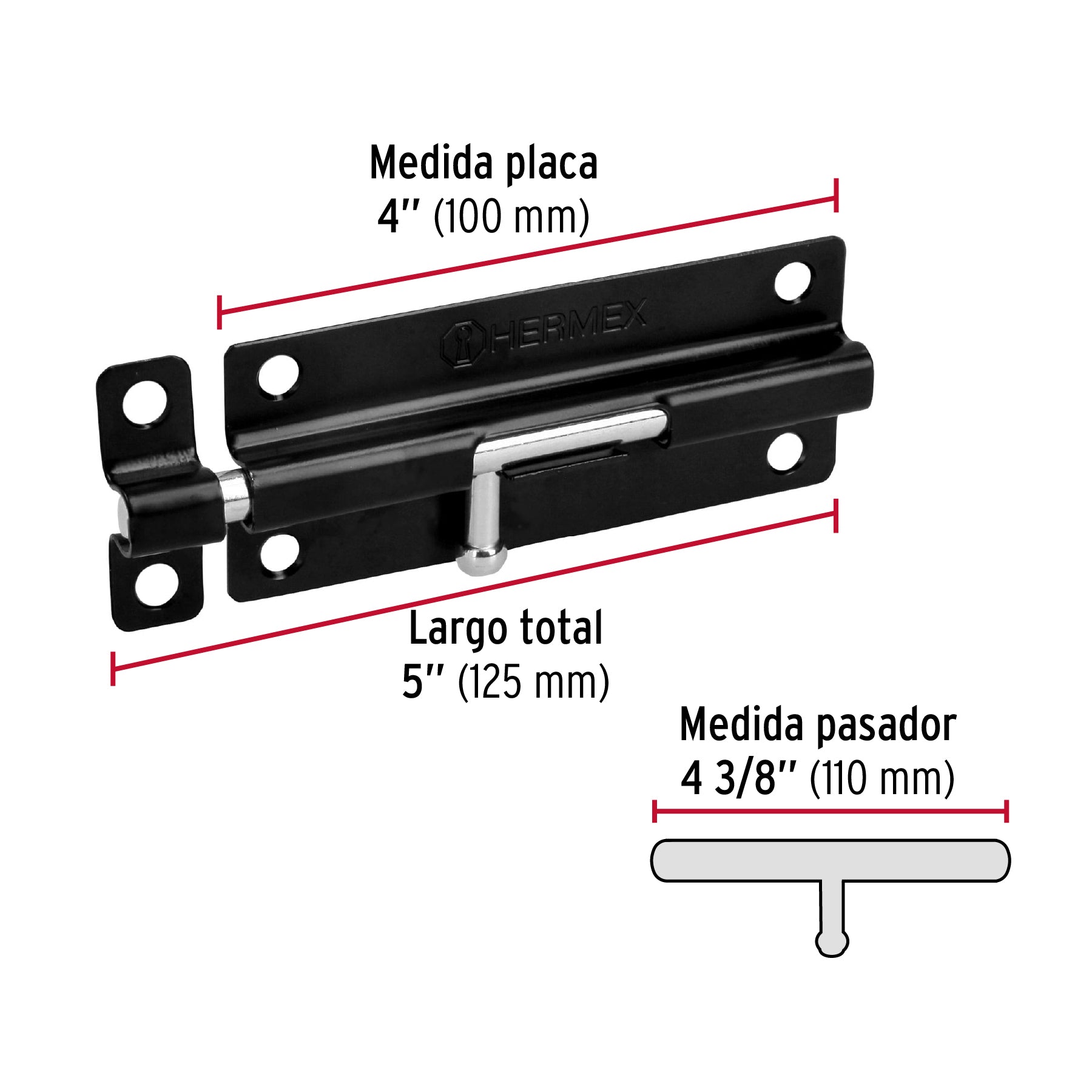 Pasador de barril 5" de acero acabado negro, HERMEX