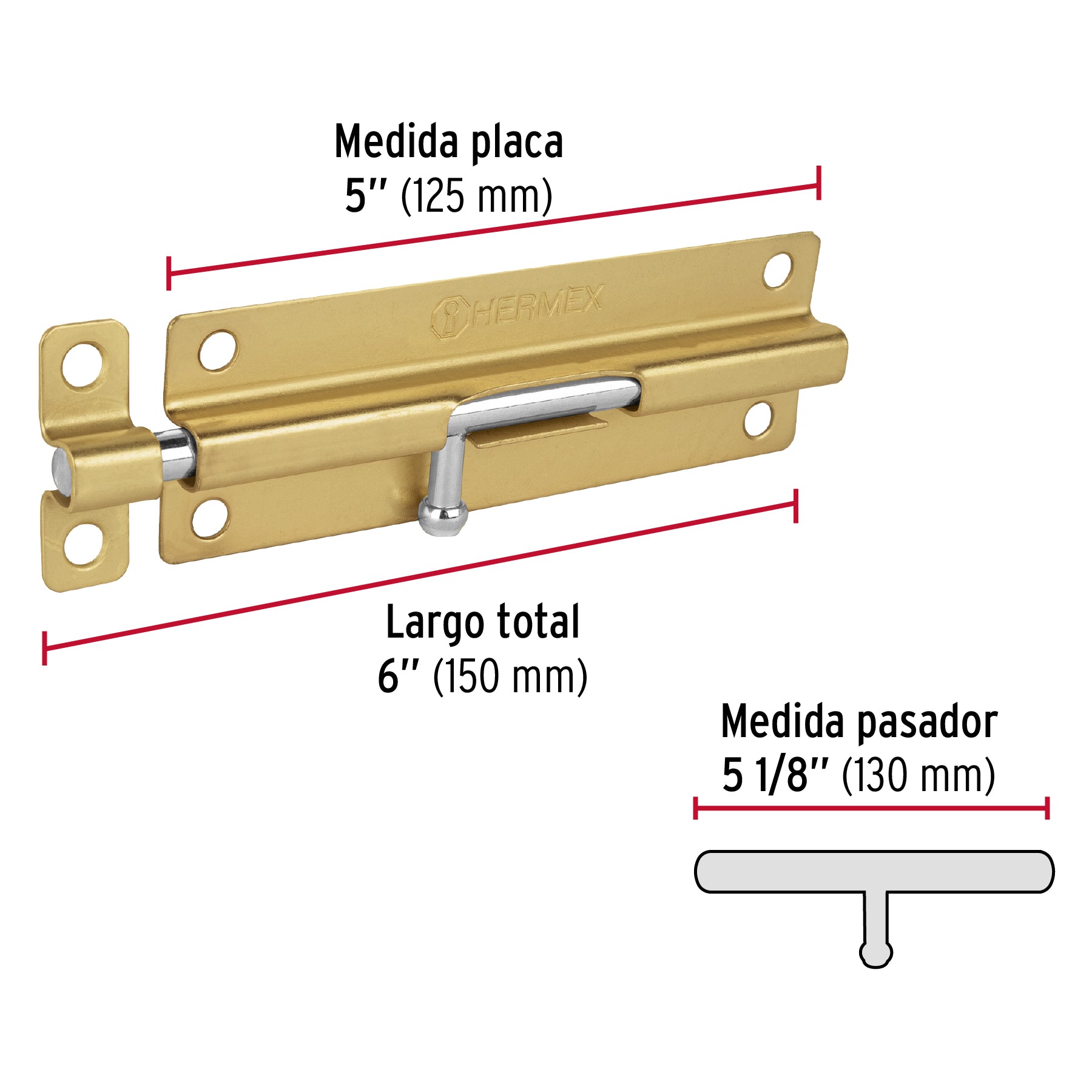 Pasador de barril de acero latón 6", HERMEX