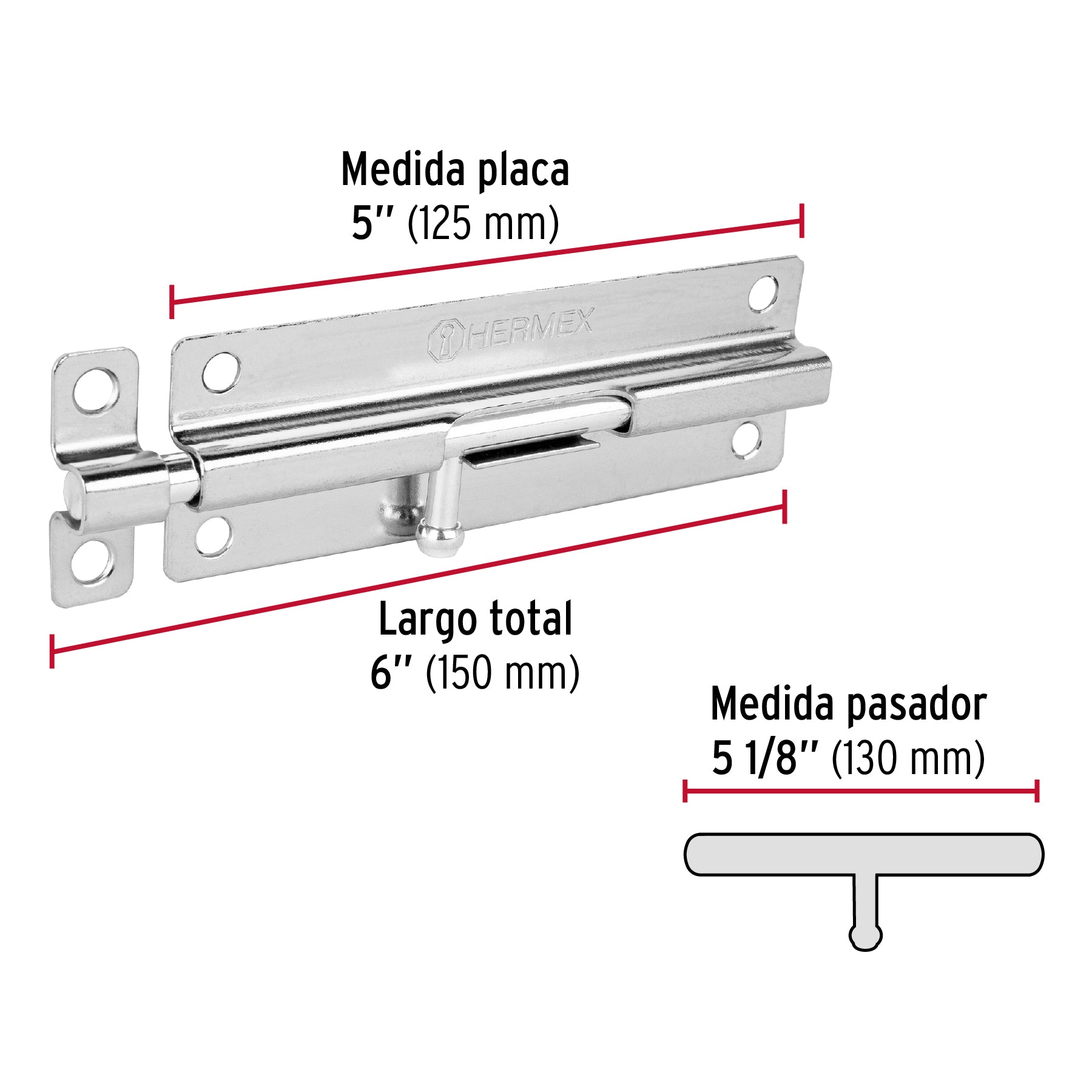 Pasador de barril de acero cromo 6", HERMEX