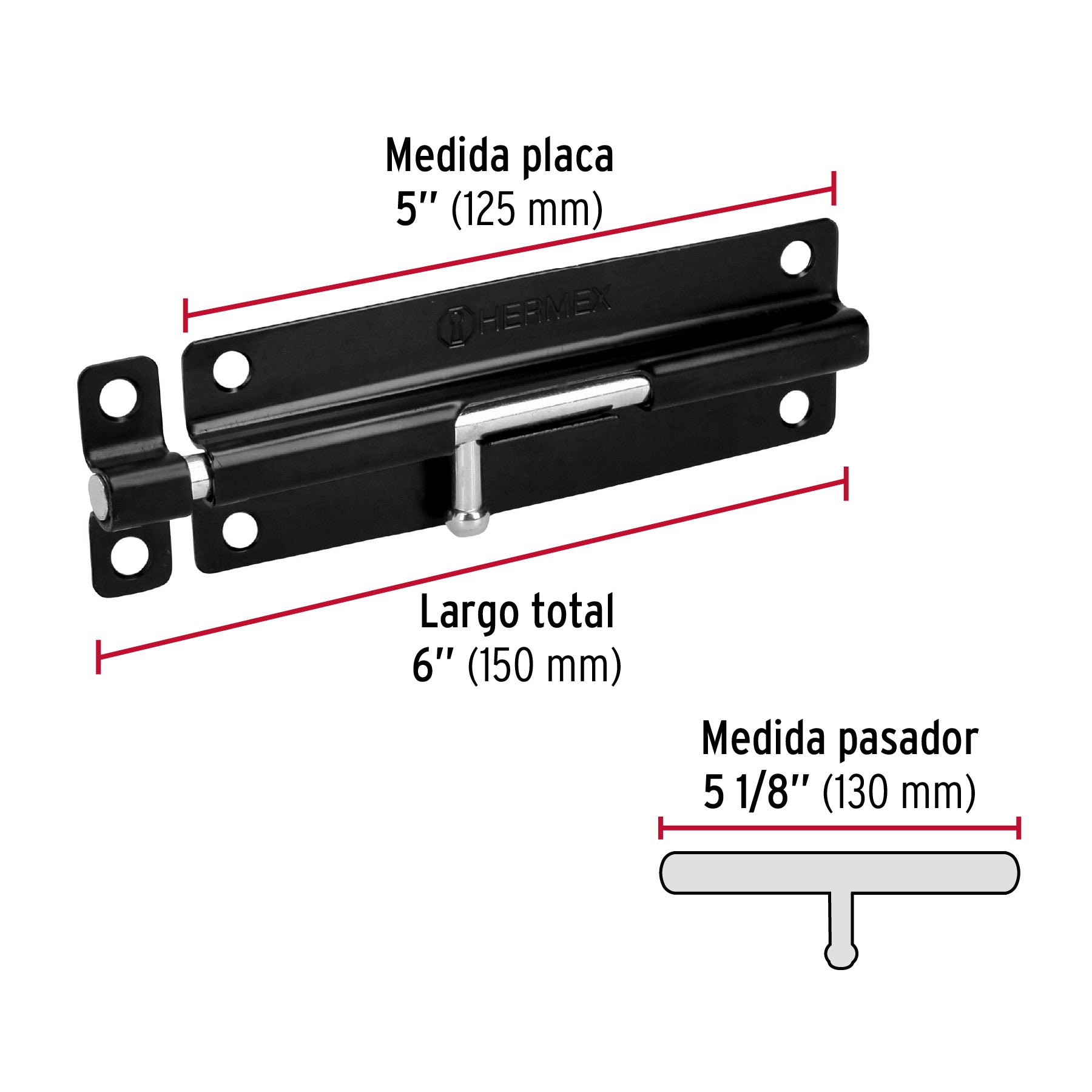 Pasador de barril 6" de acero acabado negro, HERMEX