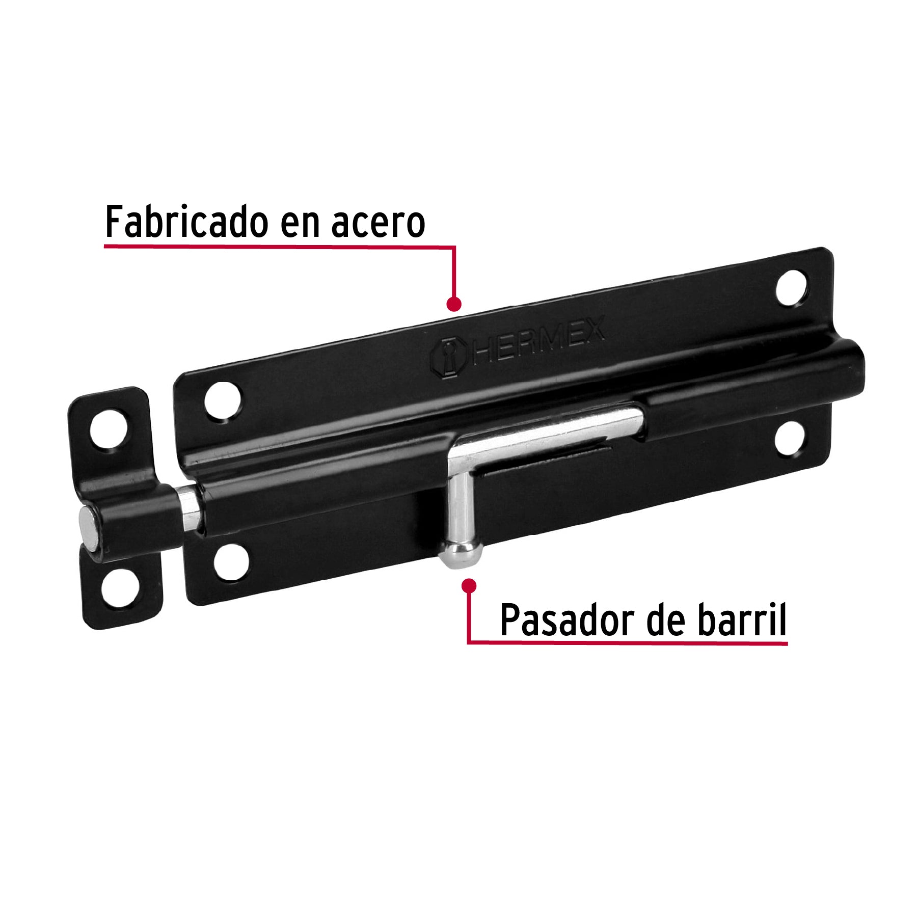 Pasador de barril 6" de acero acabado negro, HERMEX