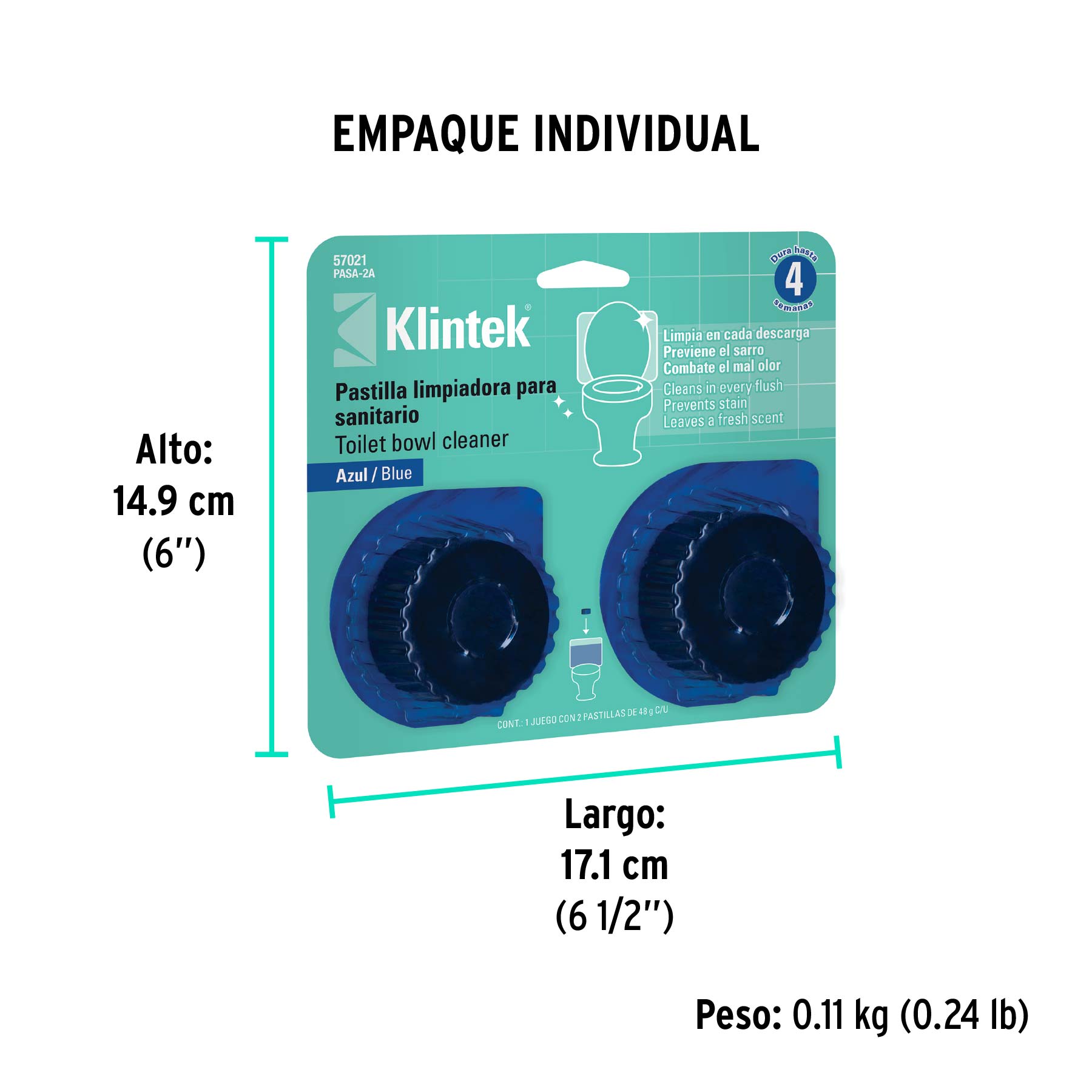 Blíster con 2 pastillas azules desinfectantes para tanque WC - Empaque