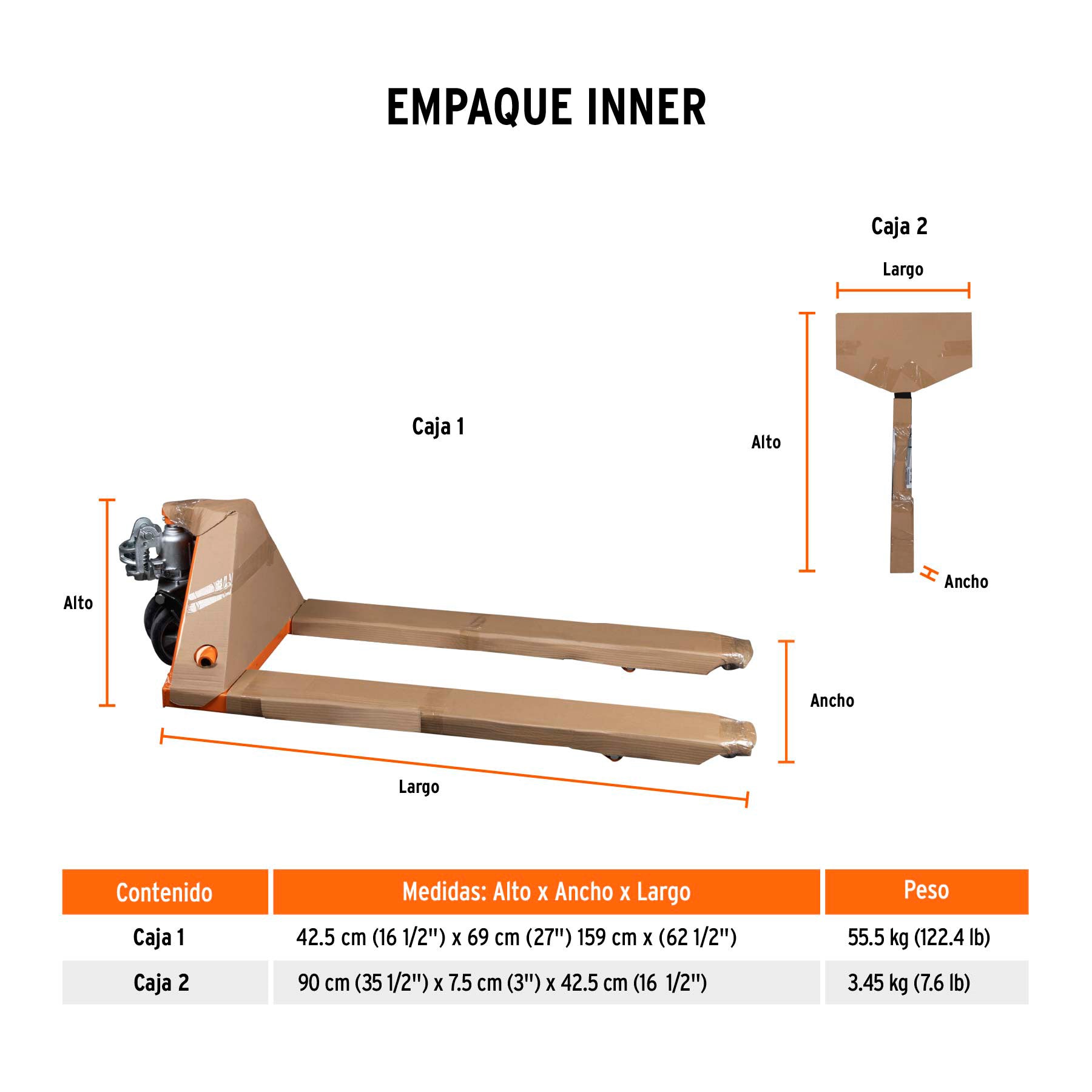 Patín traspaleta 2 ton con ruedas de hule/poliuretano - Empaque