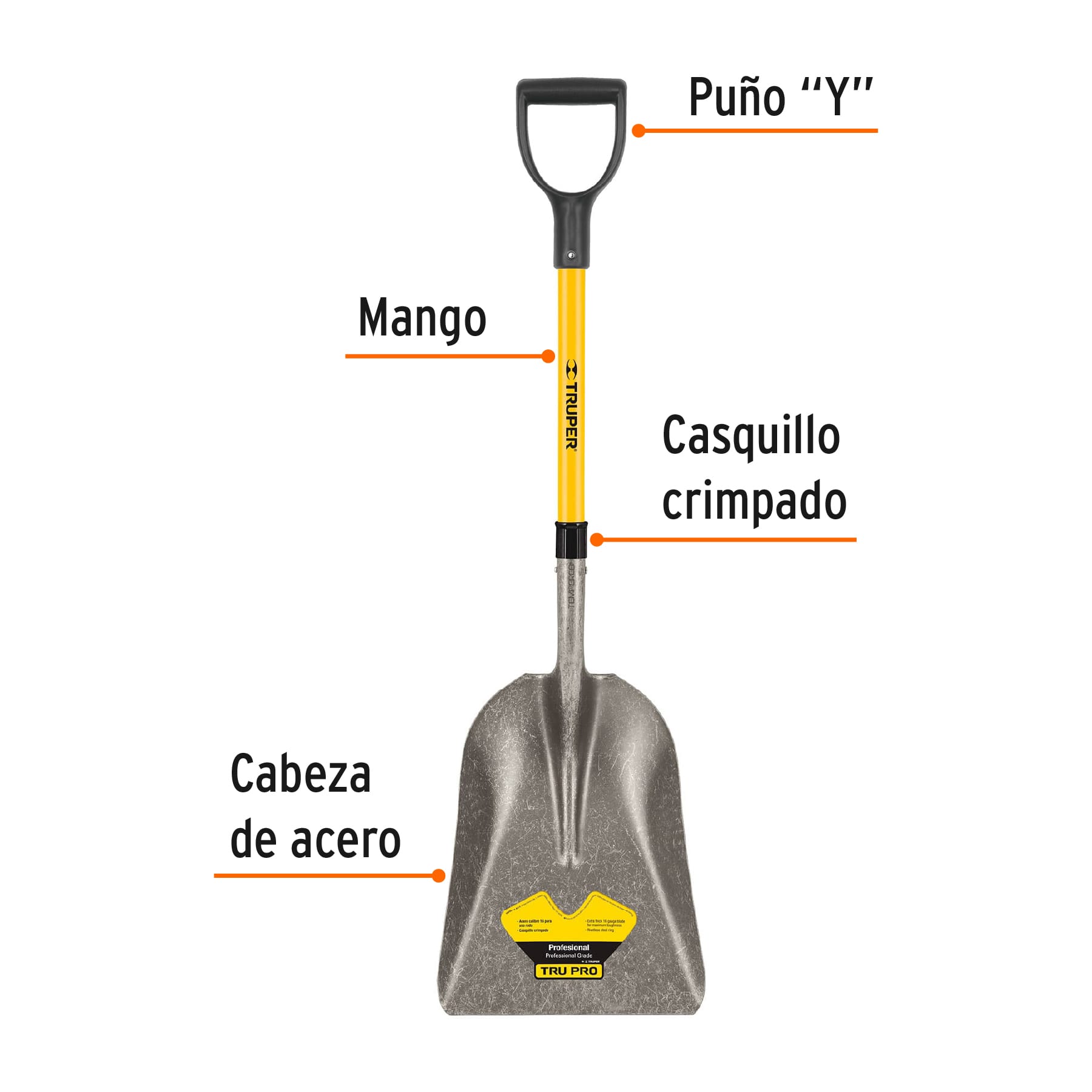 Pala carbonera Tru Pro, puño "Y", mango de fibra de vidrio