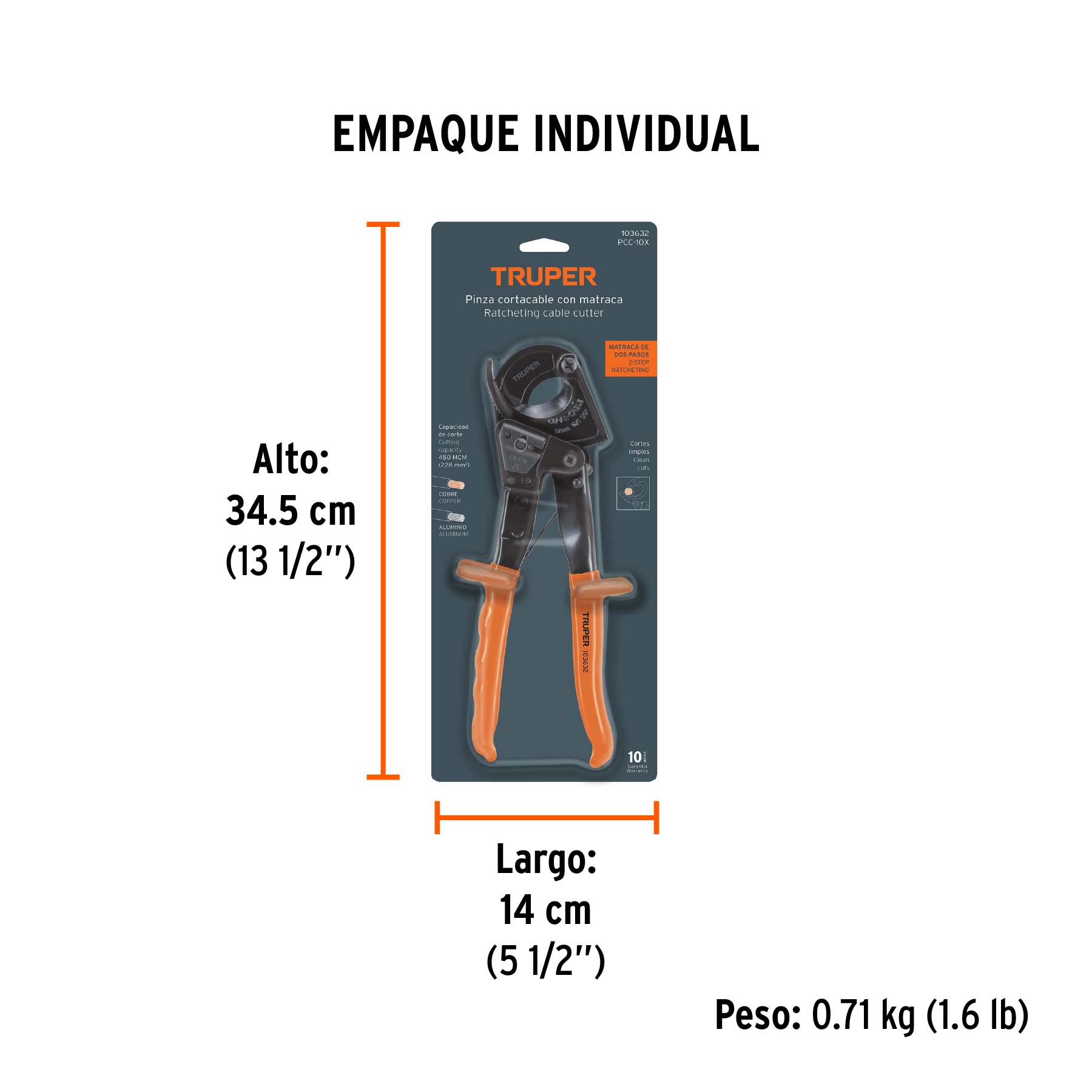 Pinzas cortacable de trinquete 10", TRUPER EXPERT - Empaque