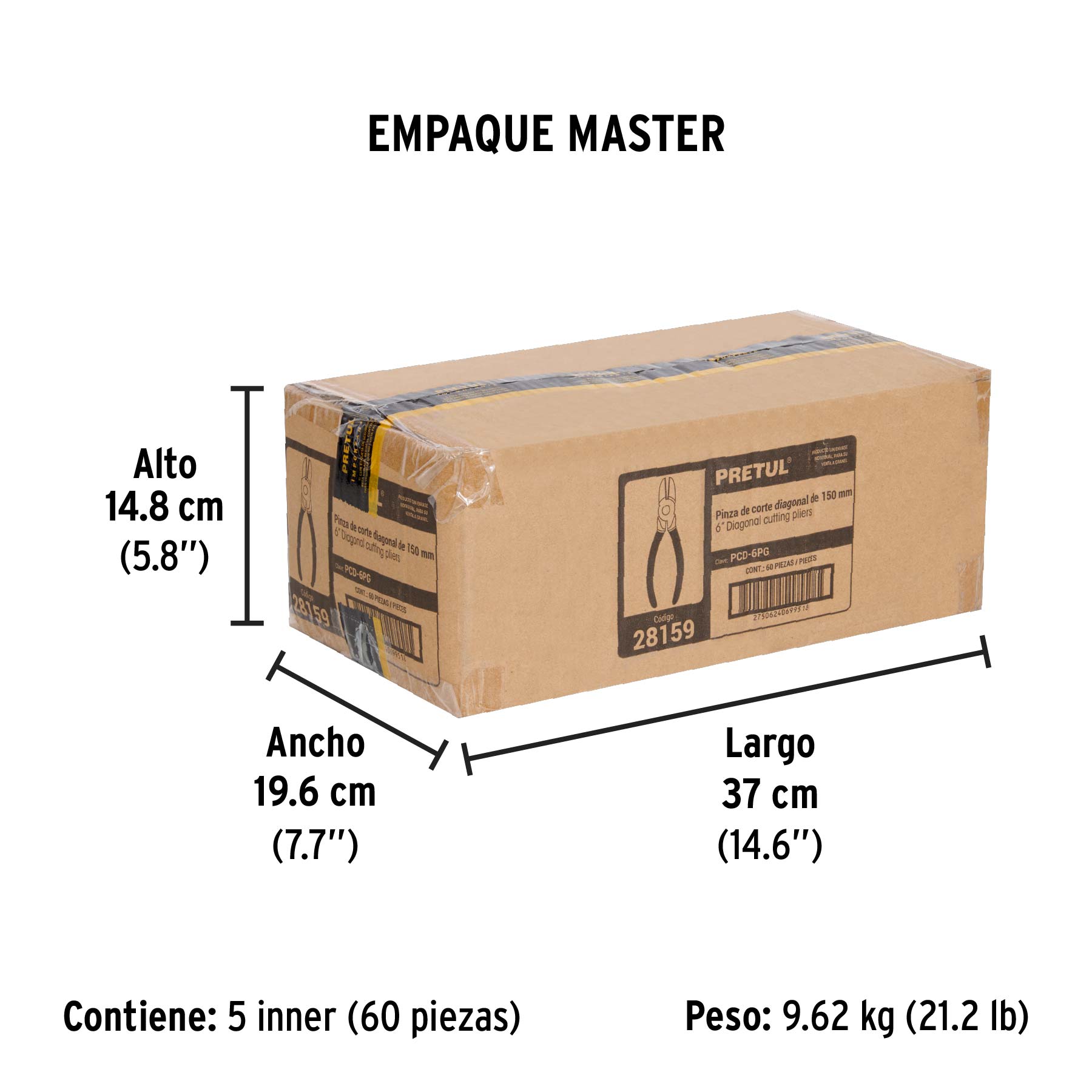 Pinza de corte diagonal 6" mango de vinil, a granel, PRETUL - Empaque