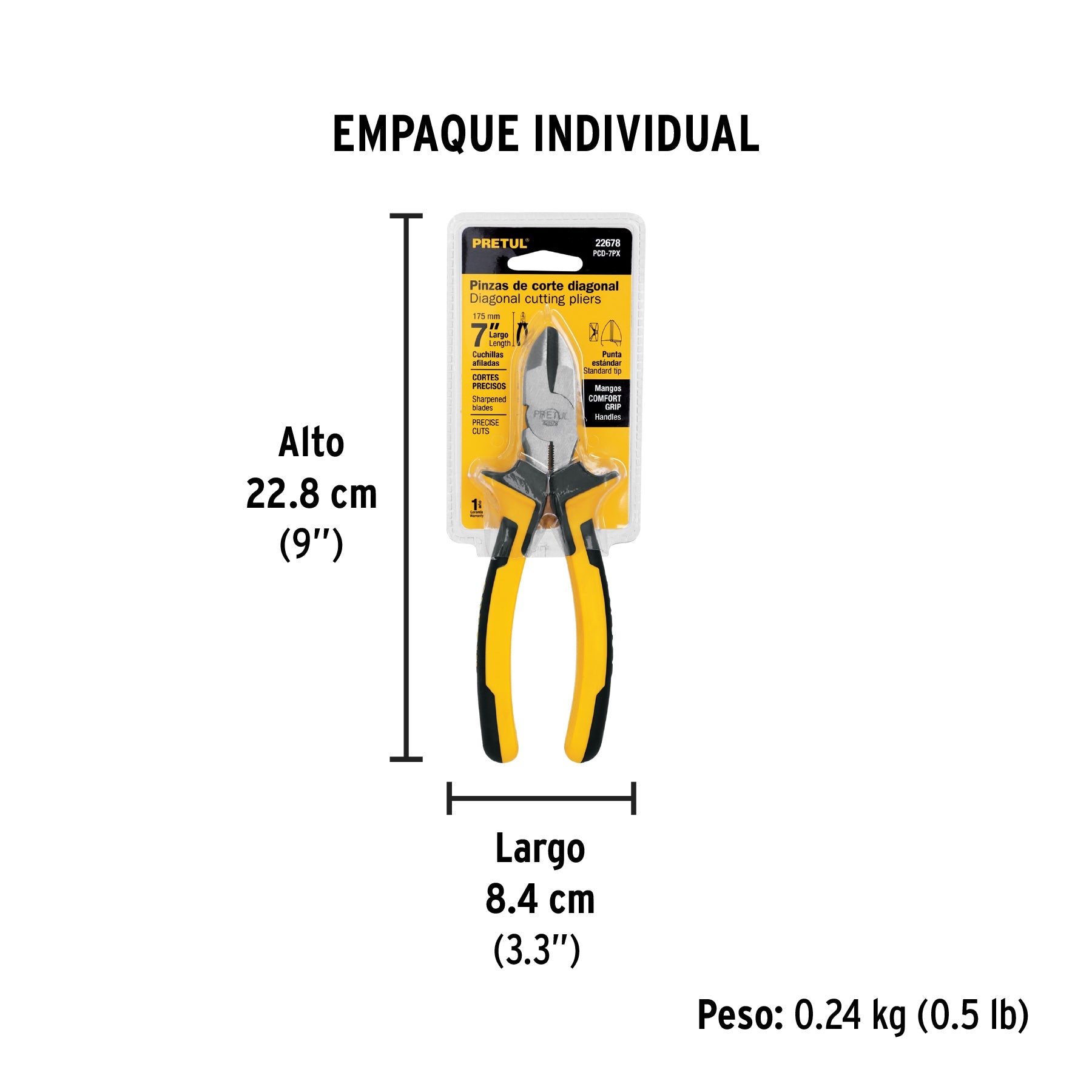 Pinza de corte diagonal 7" mango Comfort Grip, PRETUL - Empaque