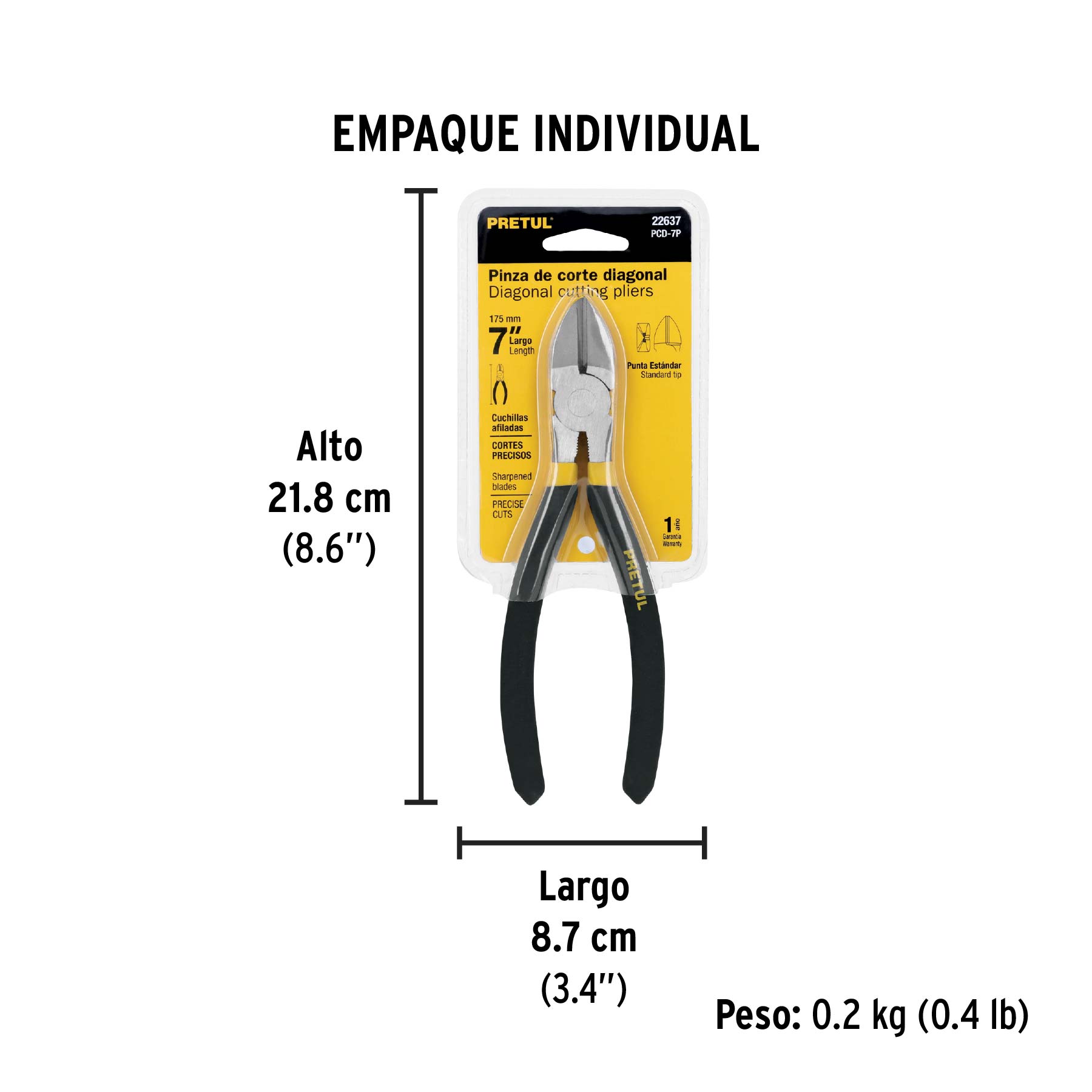 Pinza de corte diagonal 7" mango de PVC, PRETUL - Empaque
