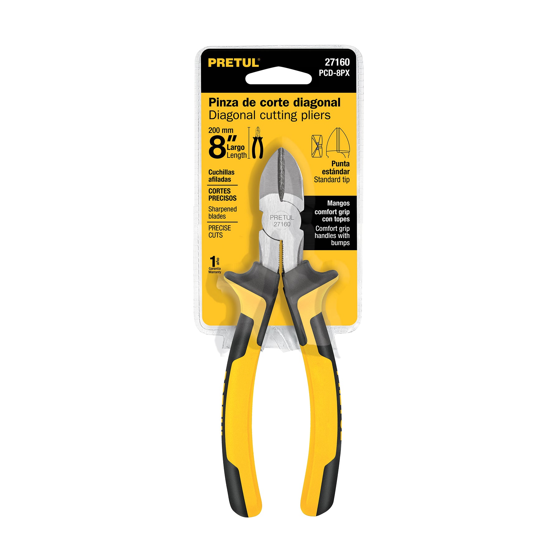 Pinza de corte diagonal 8" mango Comfort Grip, PRETUL