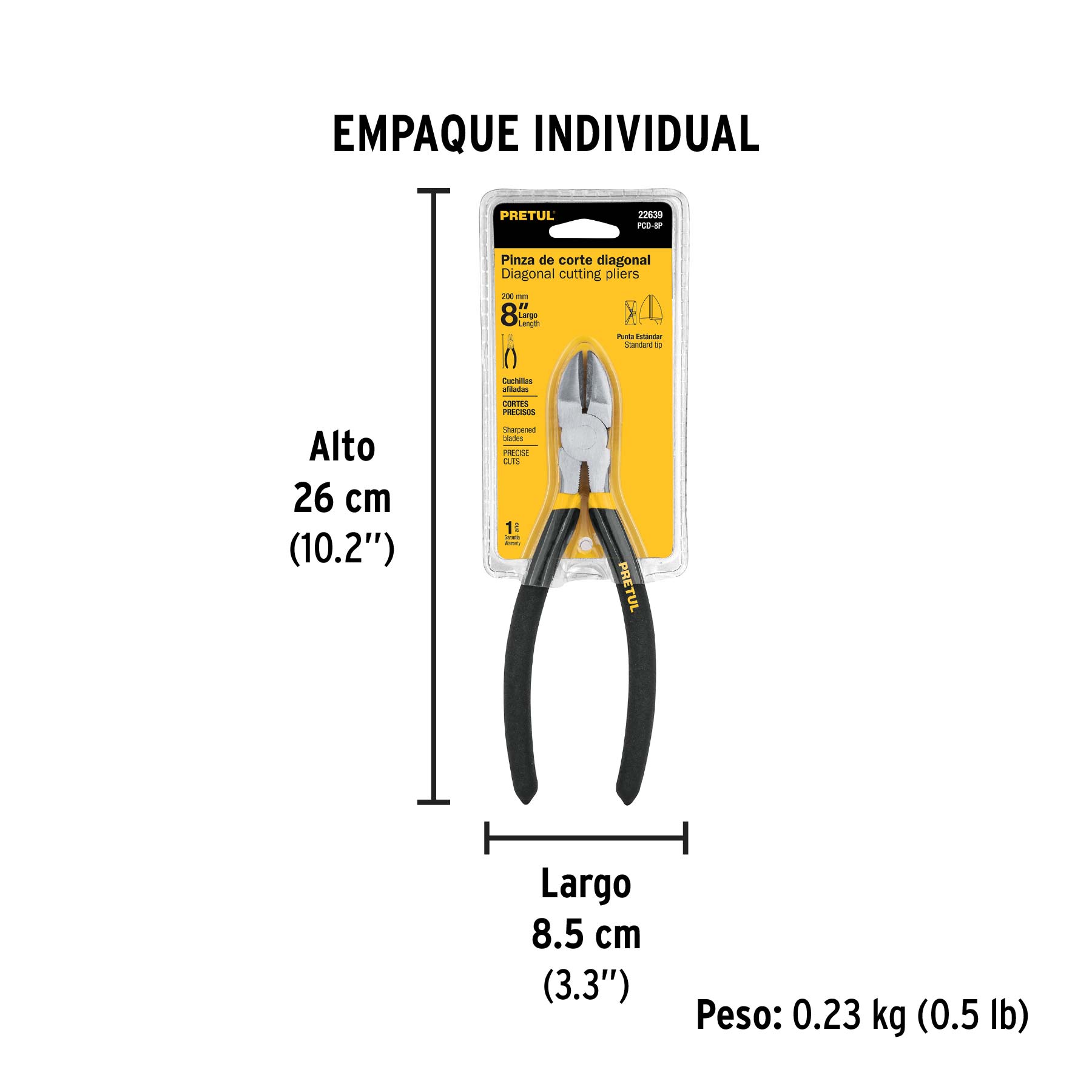 Pinza de corte diagonal 8" mango de PVC, PRETUL - Empaque