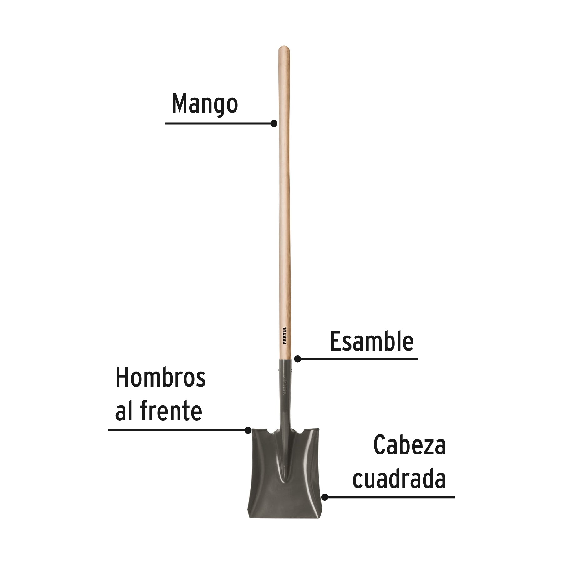Pala cuadrada, mango largo 44", PRETUL